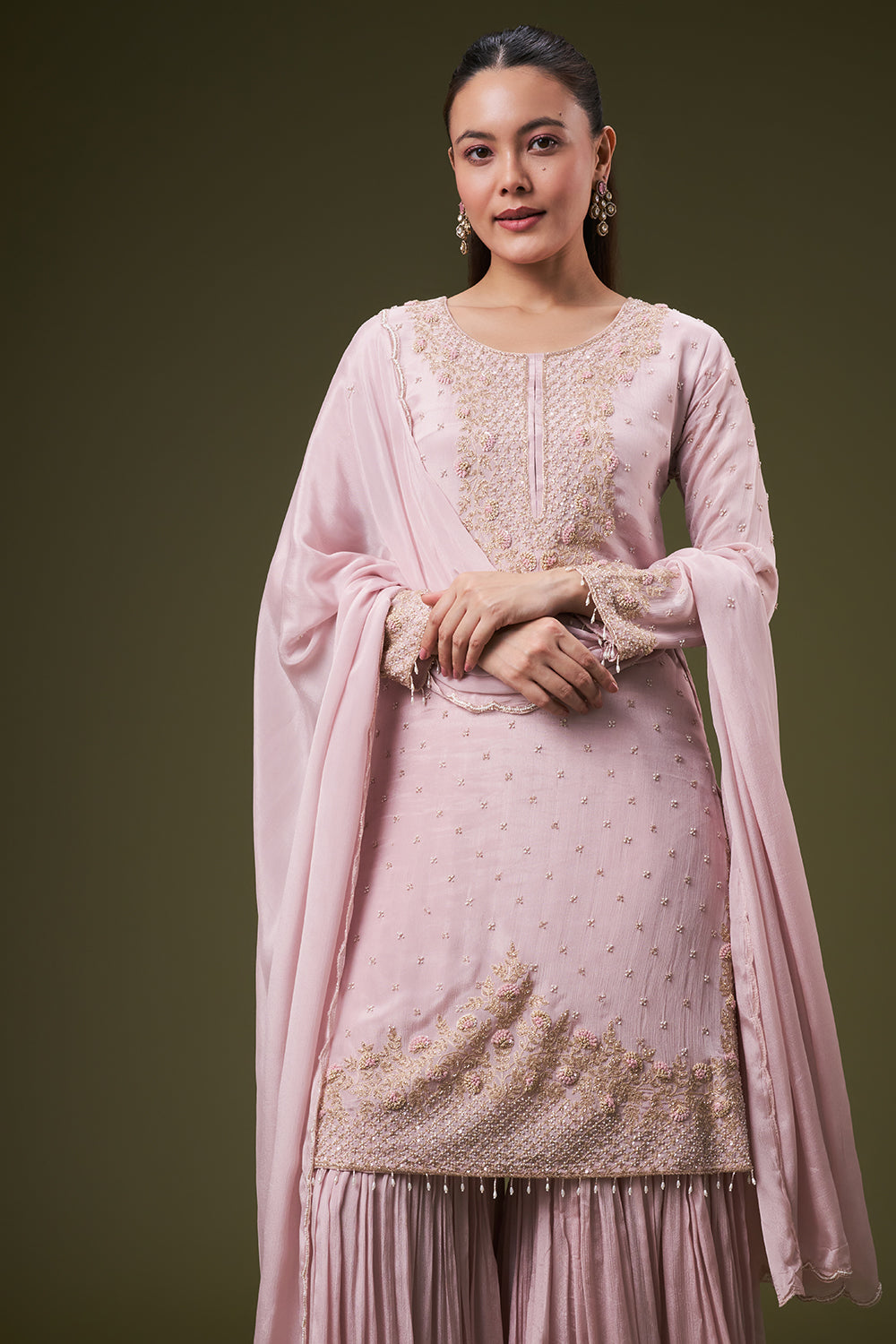Dusty Pink Chinon Sharara Suit with Resham and Cutdana Work