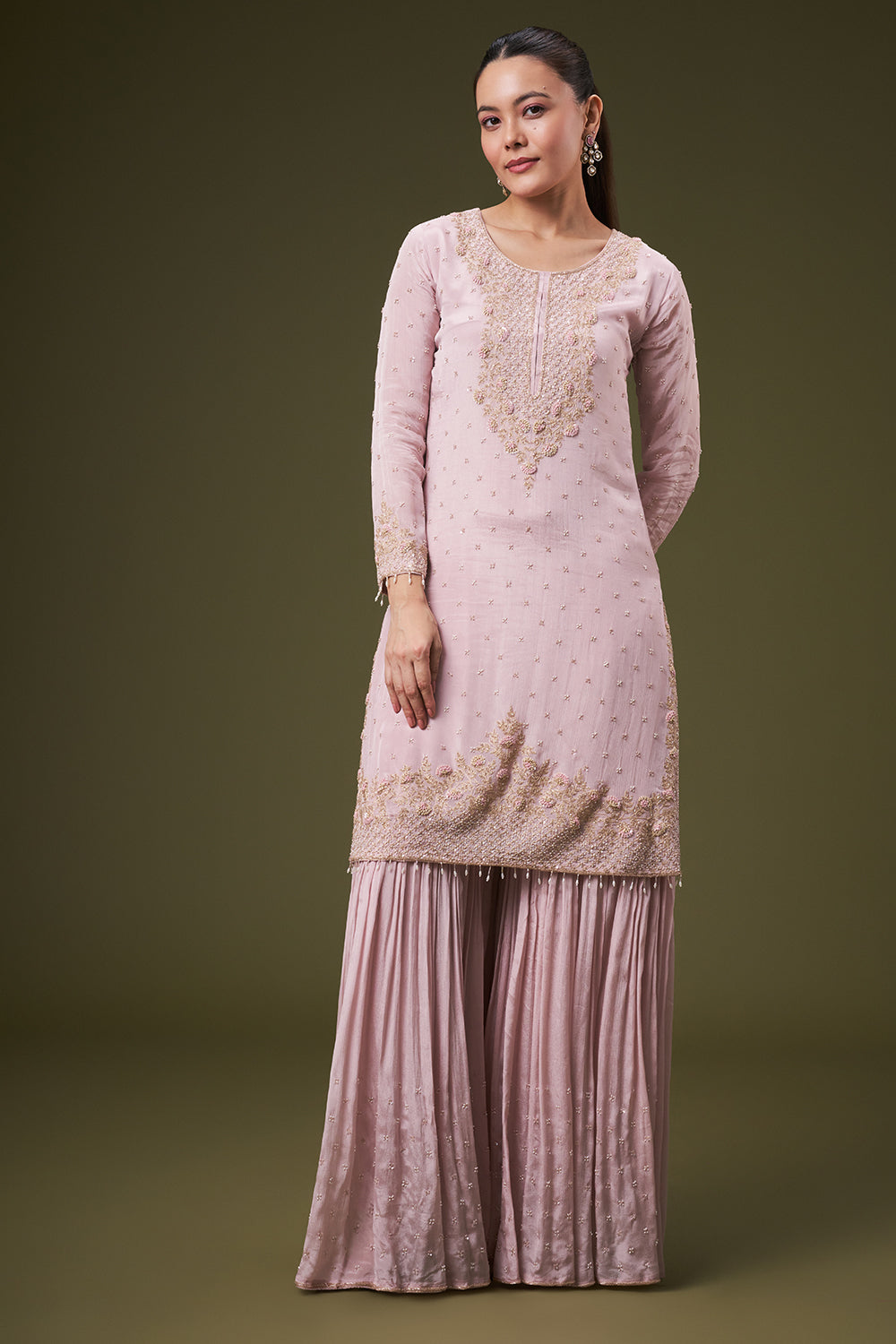 Dusty Pink Chinon Sharara Suit with Resham and Cutdana Work