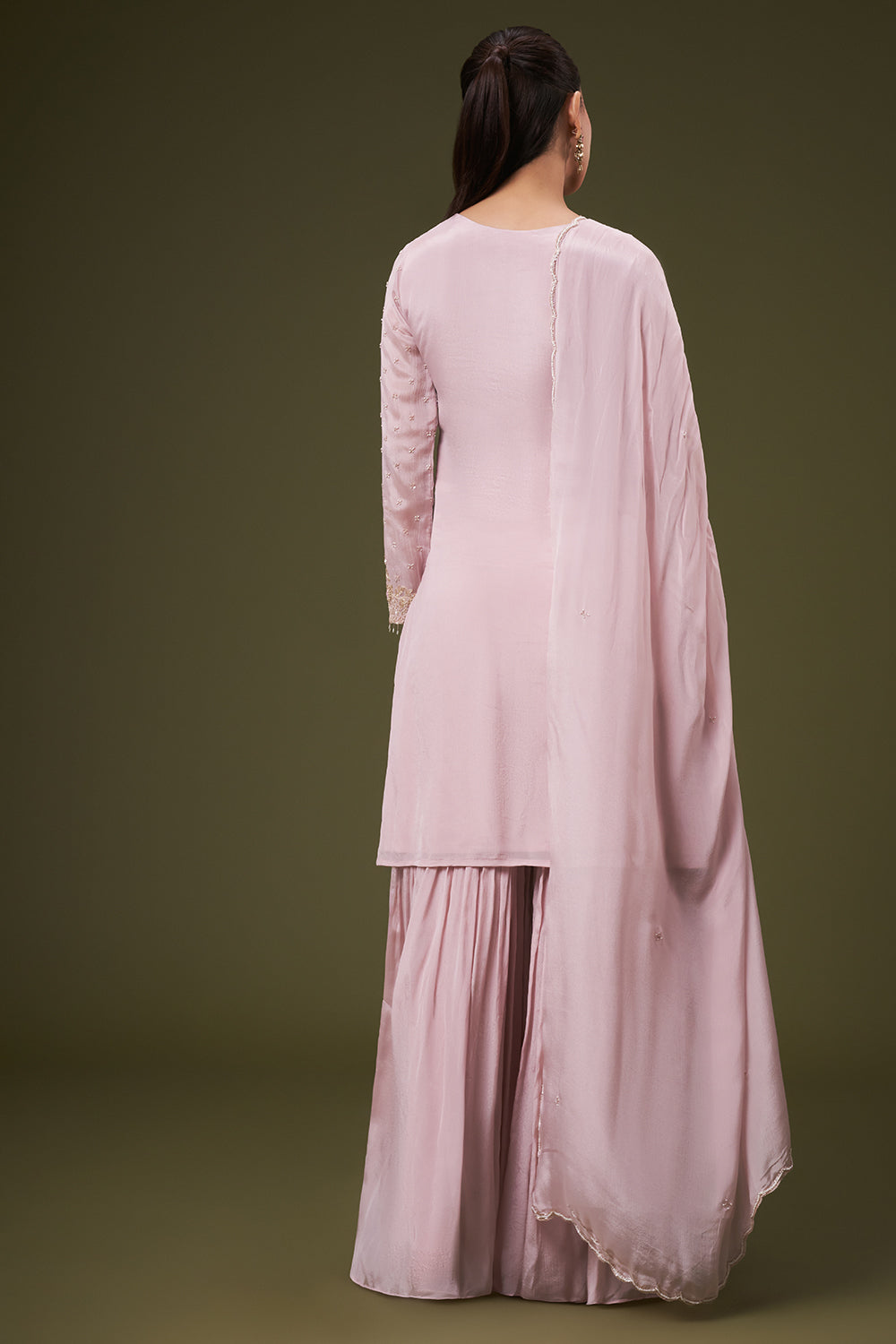 Dusty Pink Chinon Sharara Suit with Resham and Cutdana Work