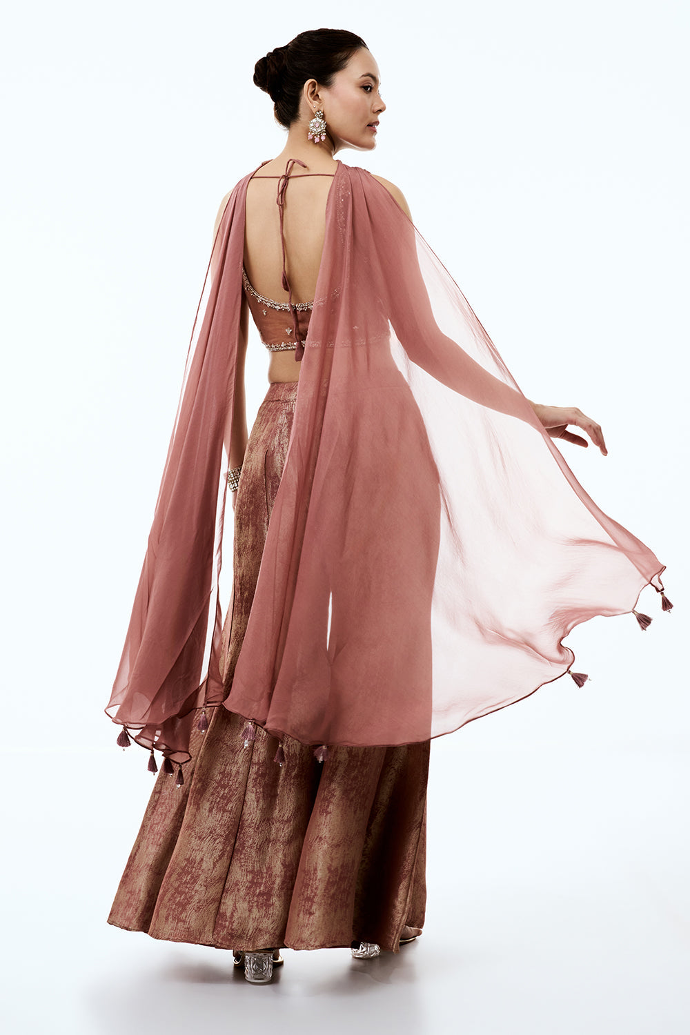Dusty Rose Tissue Indo Western Set with Sequins and Cutdana Work