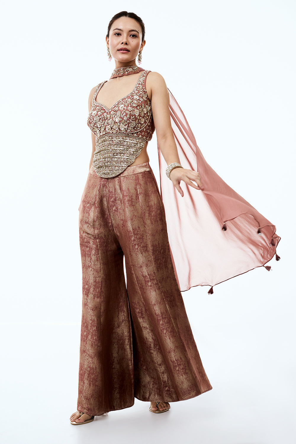 Dusty Rose Tissue Indo Western Set with Sequins and Cutdana Work