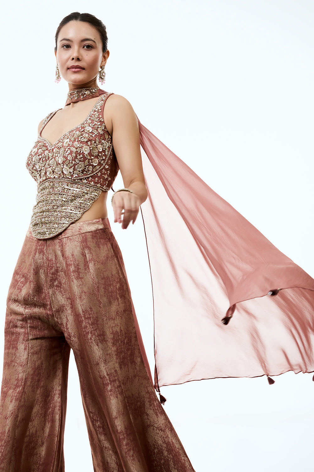 Dusty Rose Tissue Indo Western Set with Sequins and Cutdana Work