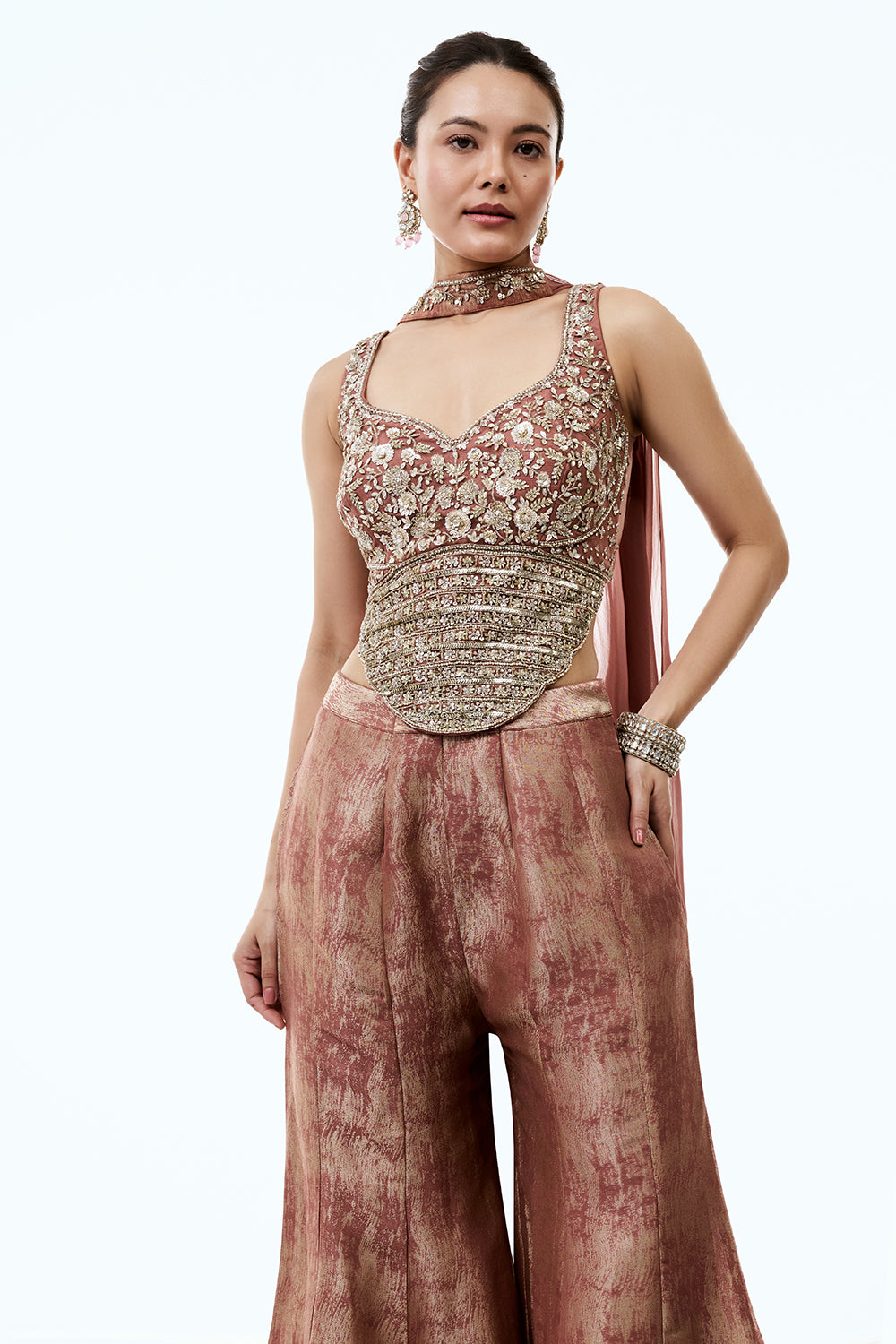 Dusty Rose Tissue Indo Western Set with Sequins and Cutdana Work