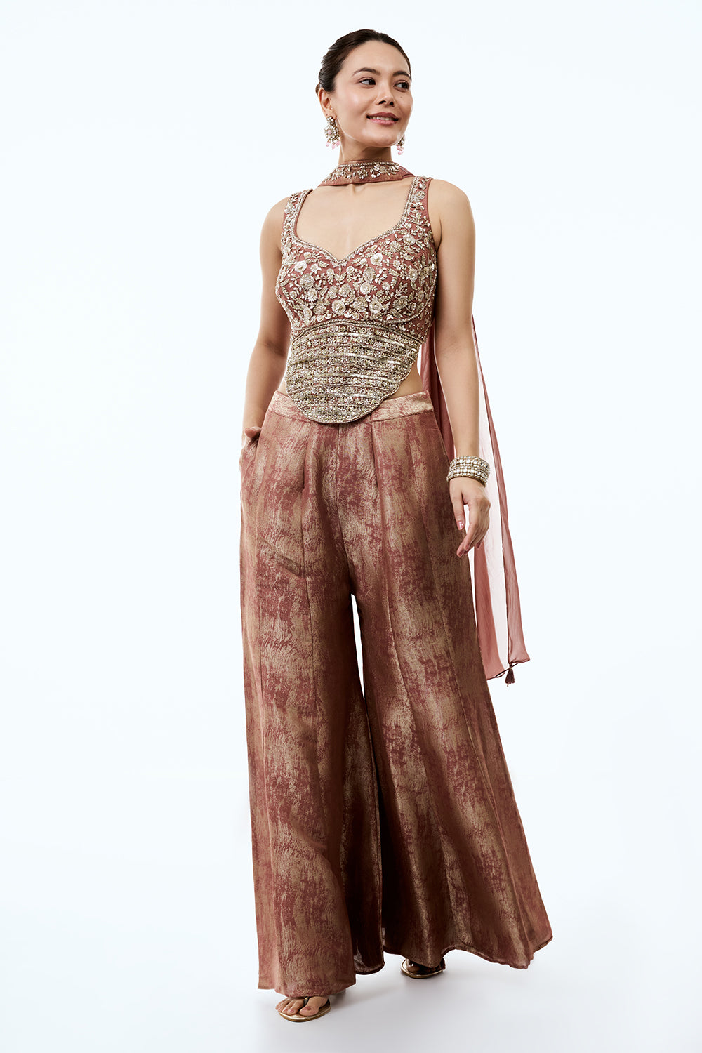 Dusty Rose Tissue Indo Western Set with Sequins and Cutdana Work
