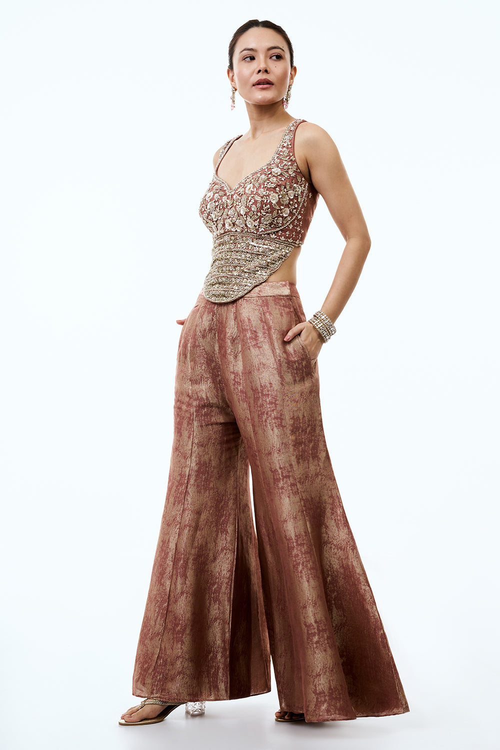 Dusty Rose Tissue Indo Western Set with Sequins and Cutdana Work