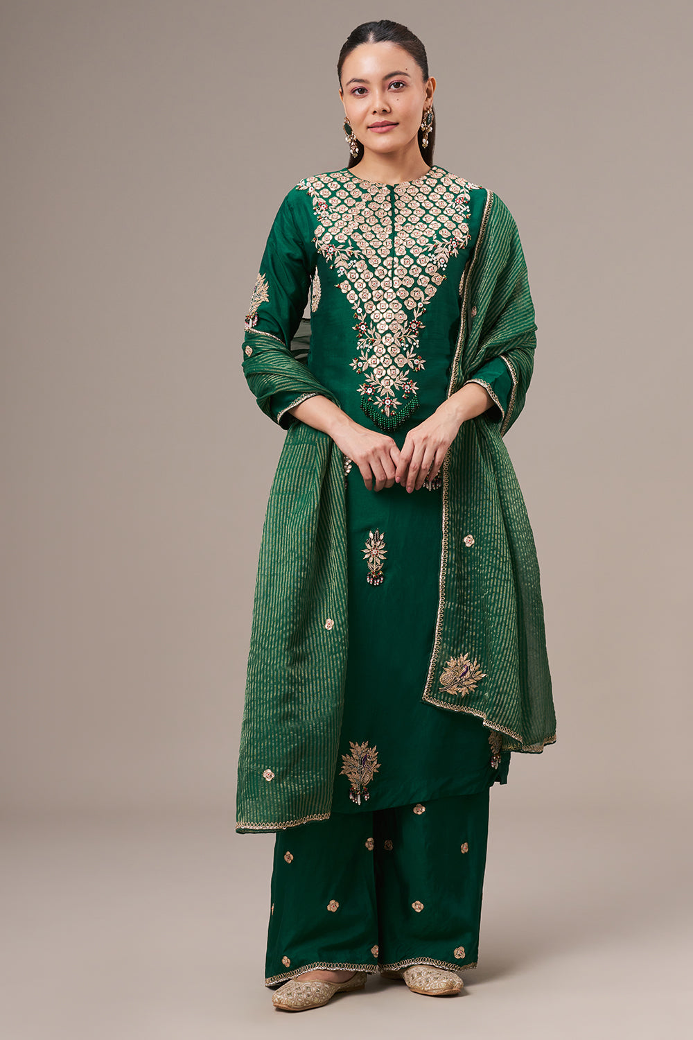 Emerald Green Cotton Silk Salwar Kameez with Gota and Zardosi Work