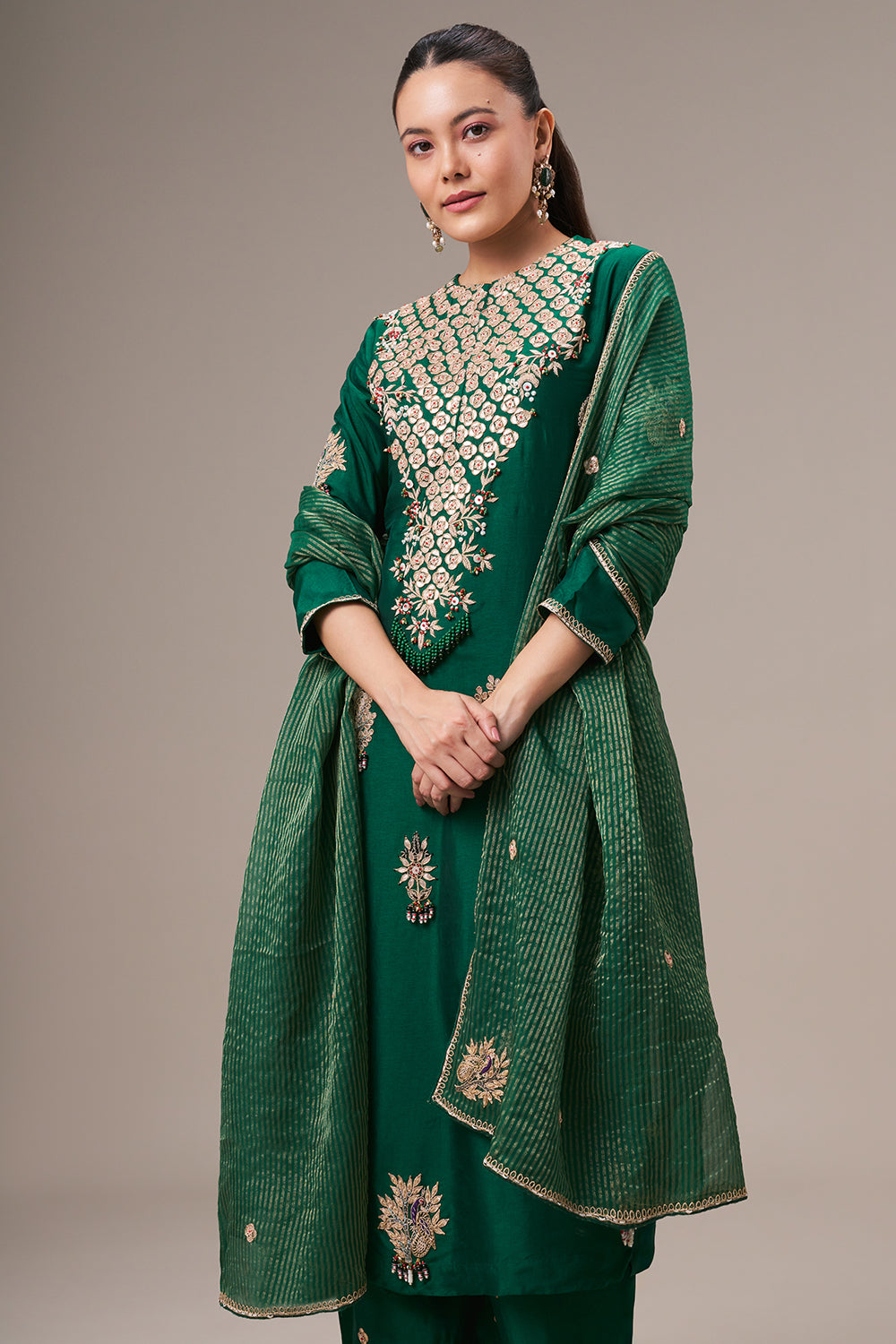 Emerald Green Cotton Silk Salwar Kameez with Gota and Zardosi Work