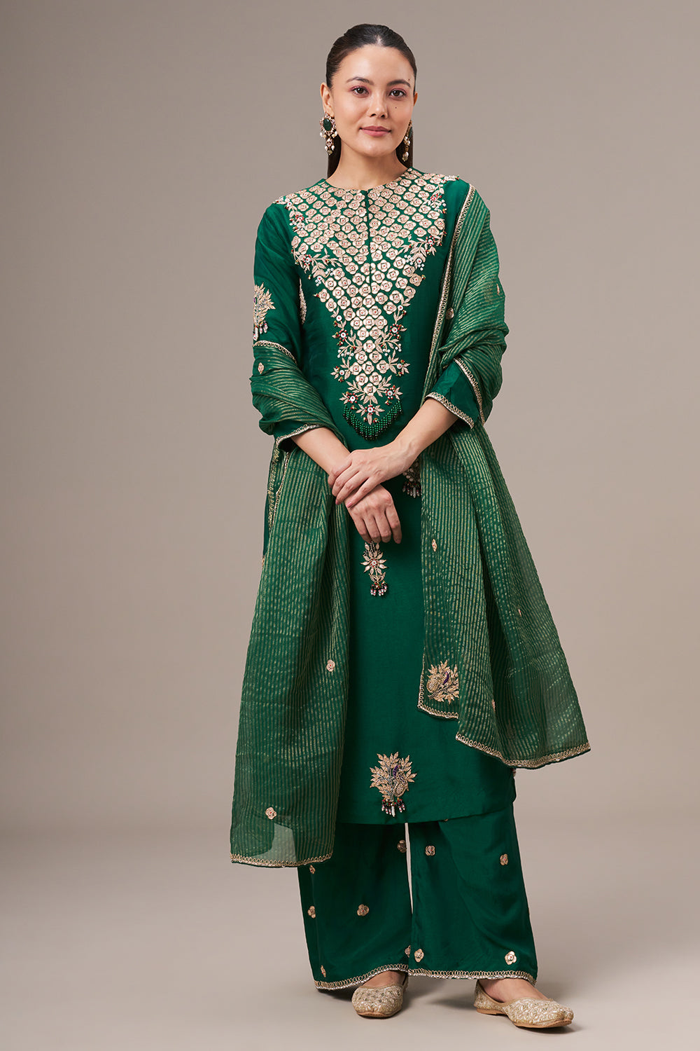 Emerald Green Cotton Silk Salwar Kameez with Gota and Zardosi Work