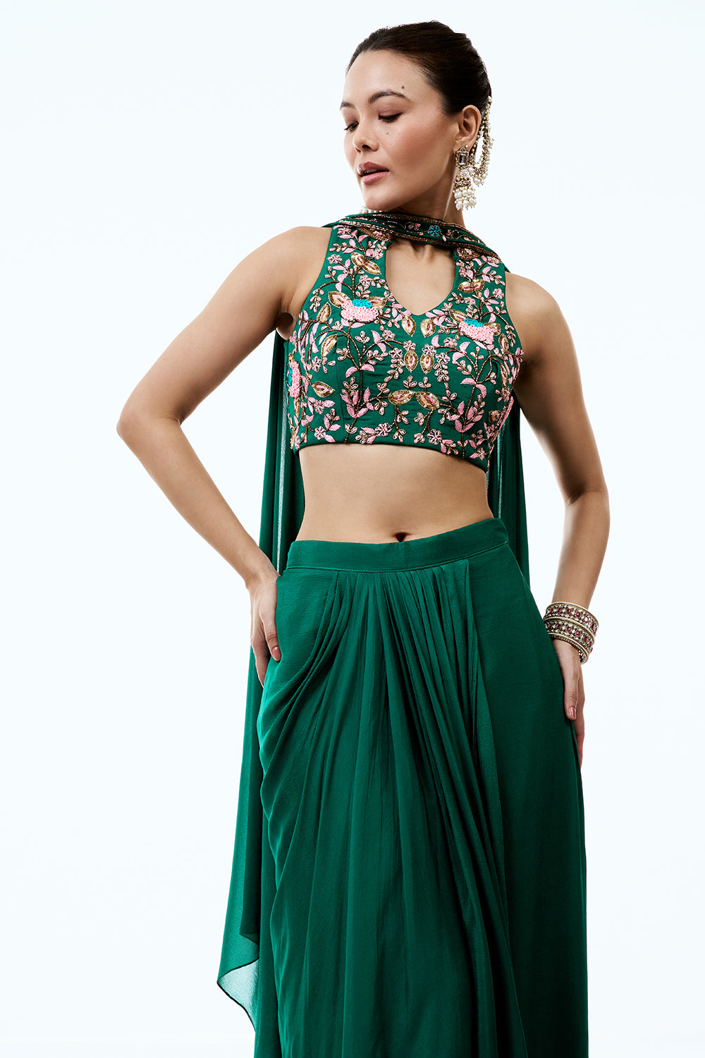 Emerald Green Crepe Indo Western Set With Cutdana and Zardosi work