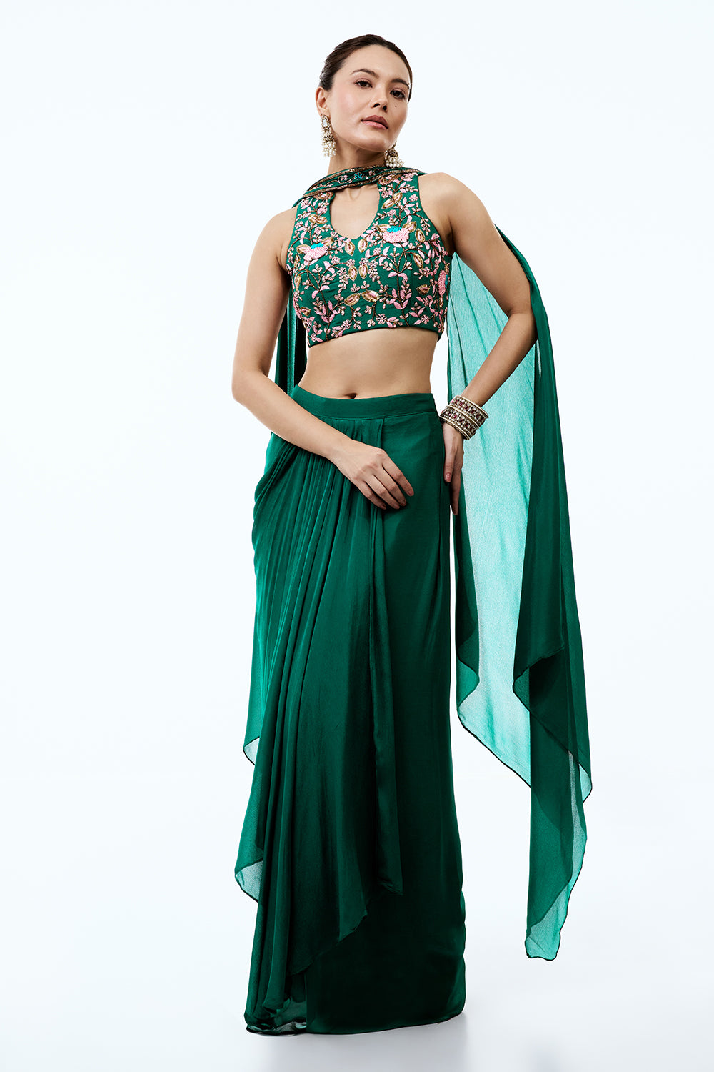 Emerald Green Crepe Indo Western Set With Cutdana and Zardosi work