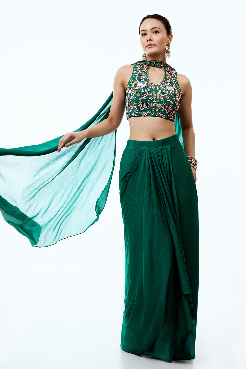 Emerald Green Crepe Indo Western Set With Cutdana and Zardosi work
