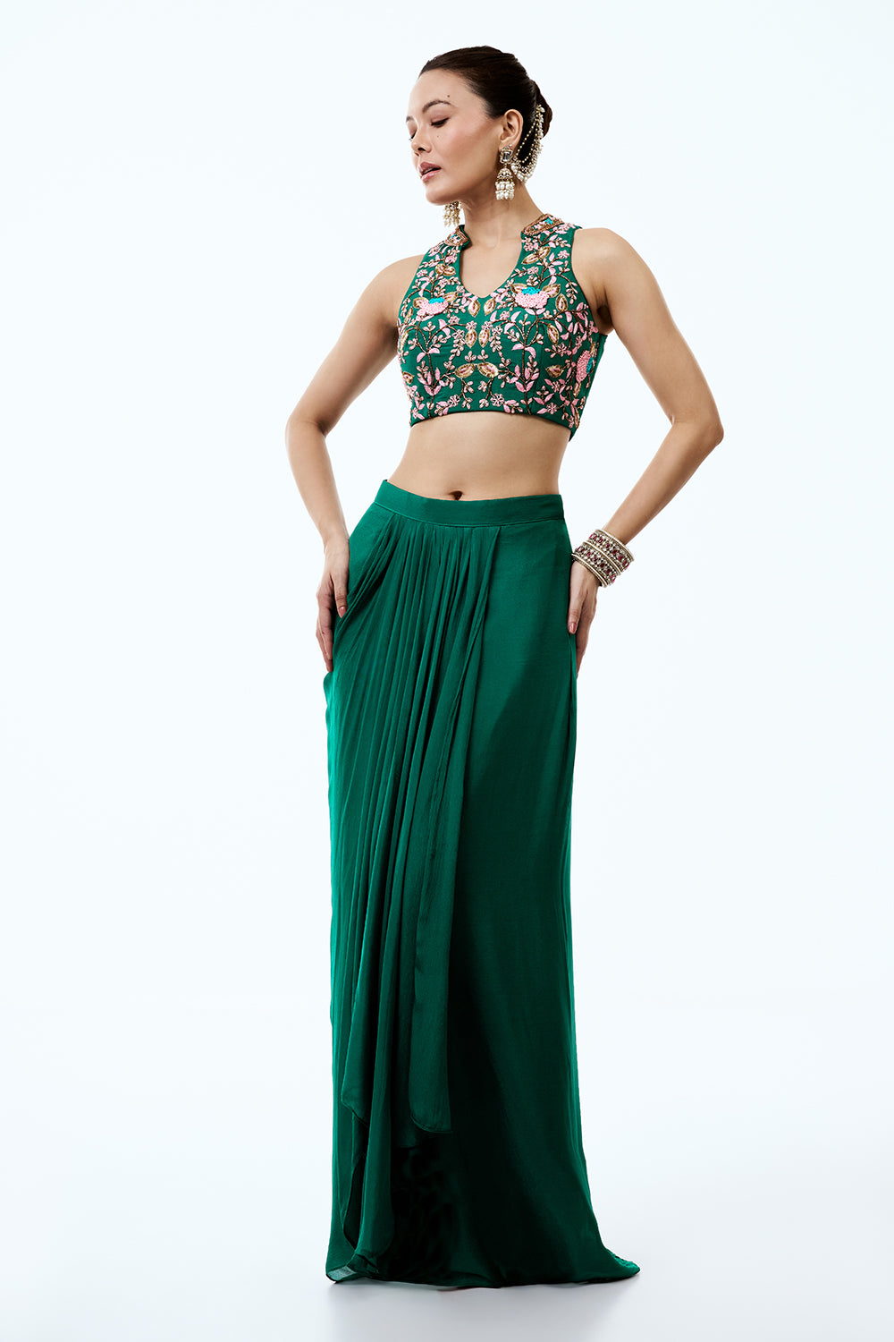 Emerald Green Crepe Indo Western Set With Cutdana and Zardosi work