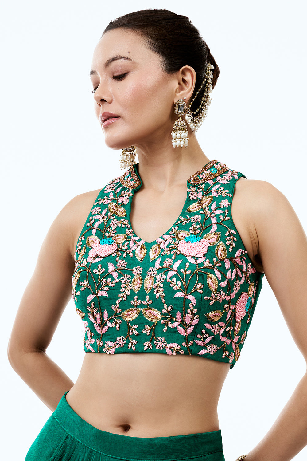 Emerald Green Crepe Indo Western Set With Cutdana and Zardosi work