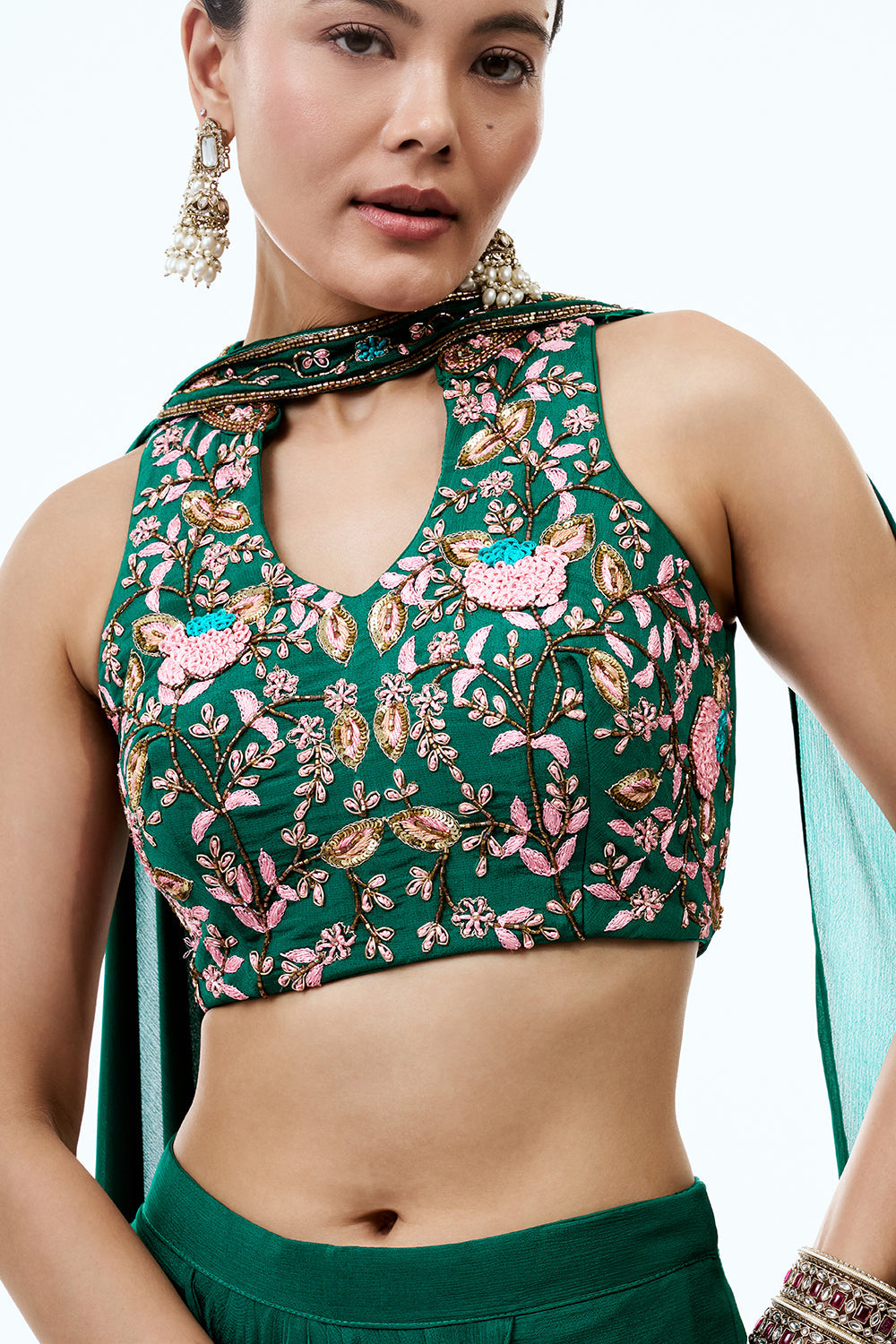 Emerald Green Crepe Indo Western Set With Cutdana and Zardosi work