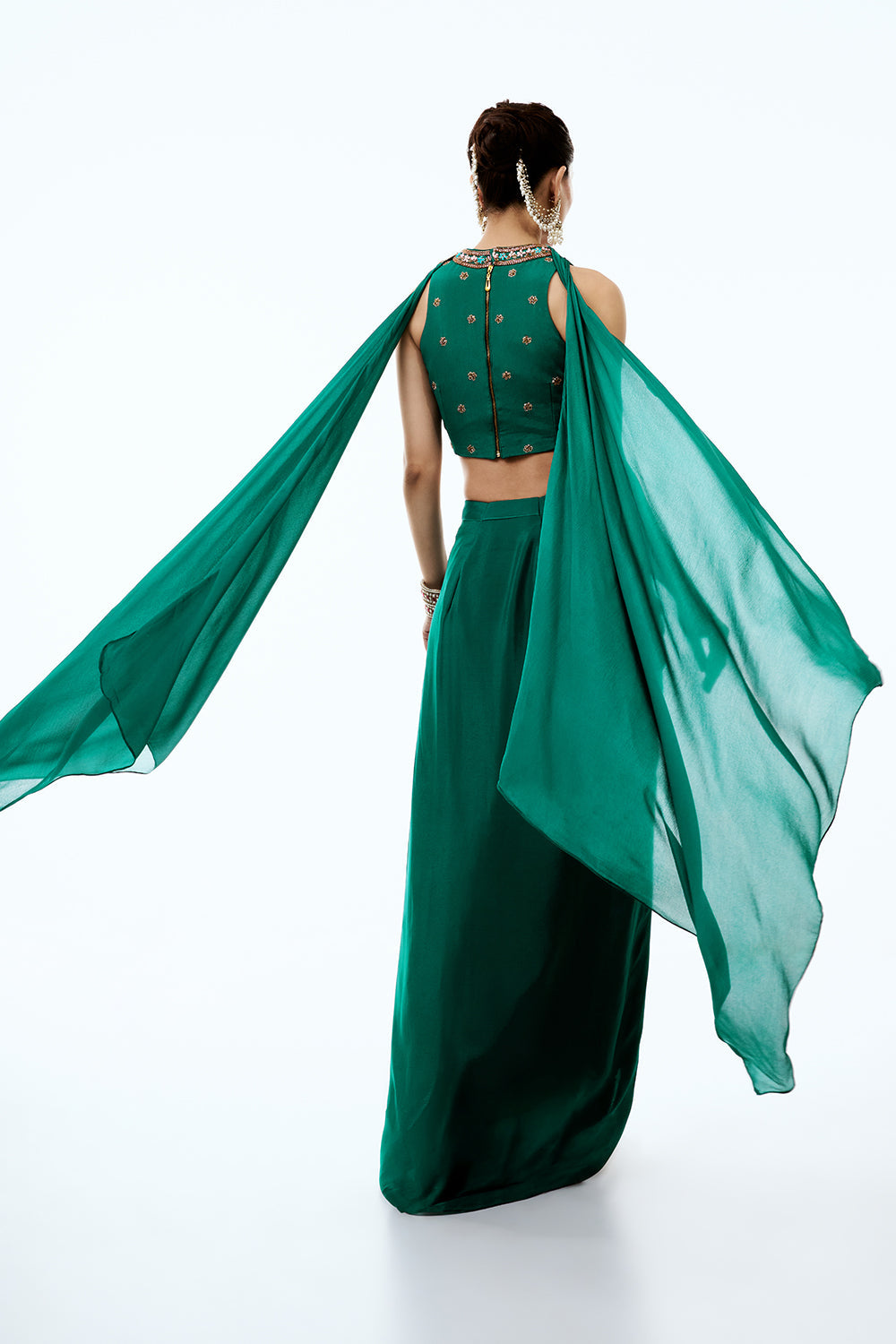 Emerald Green Crepe Indo Western Set With Cutdana and Zardosi work