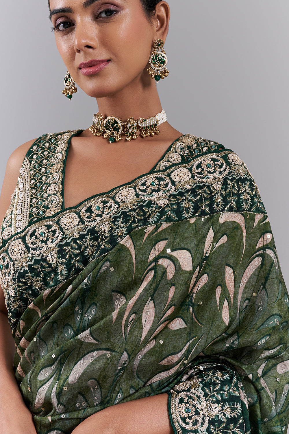 Emerald Green Tussar Silk Embellished Saree And Stitched Blouse