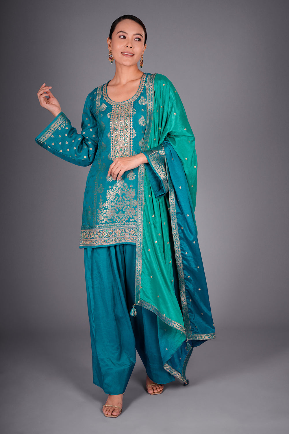Firozi Banarasi Kurta Set with Zari Embroidery