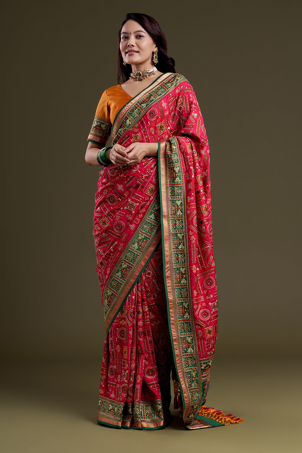 Fluorescent Pink Embroidered Soft Silk Saree