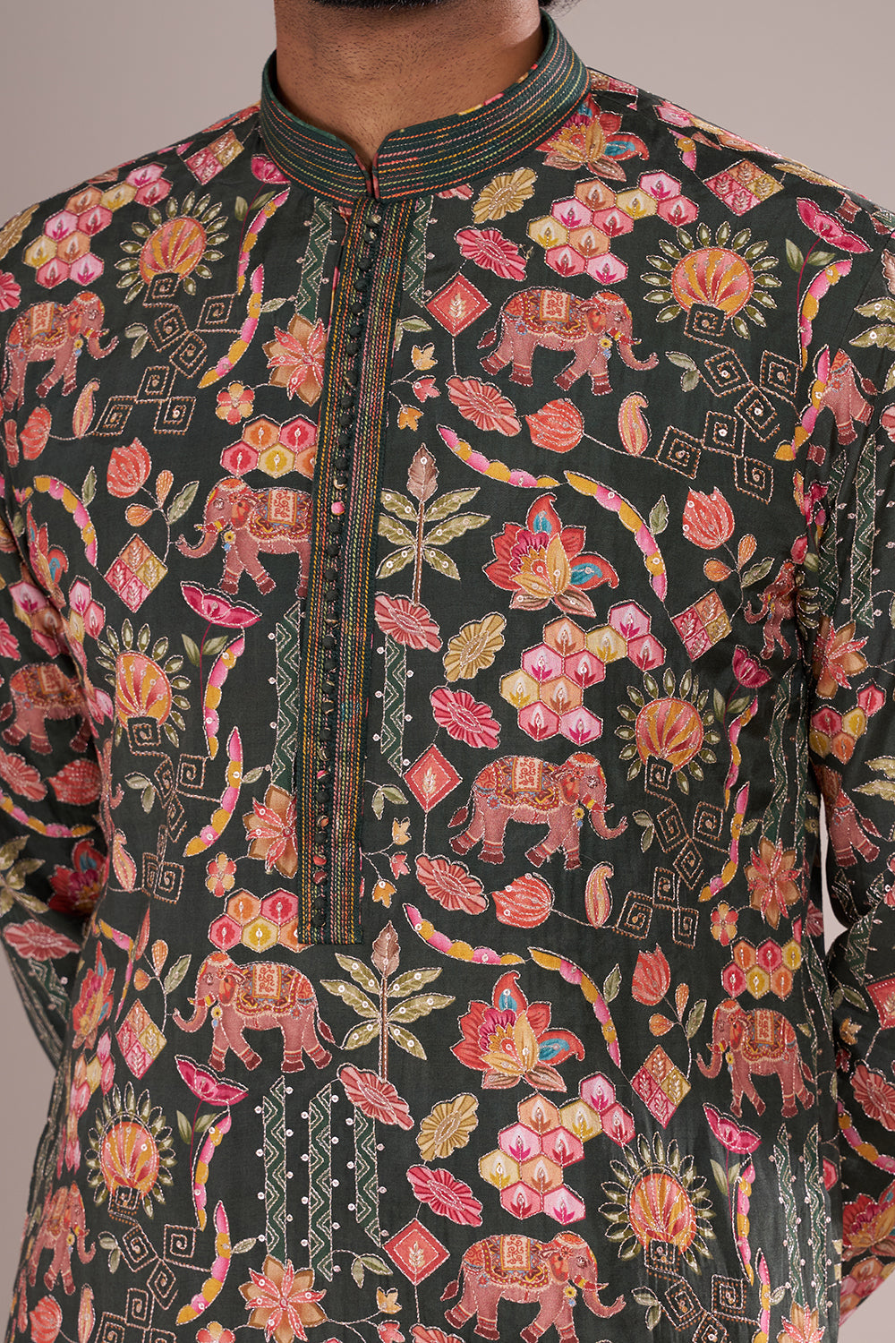Forest Green Men's Printed Silk Blend Kurta Set with Festive Folk Motifs