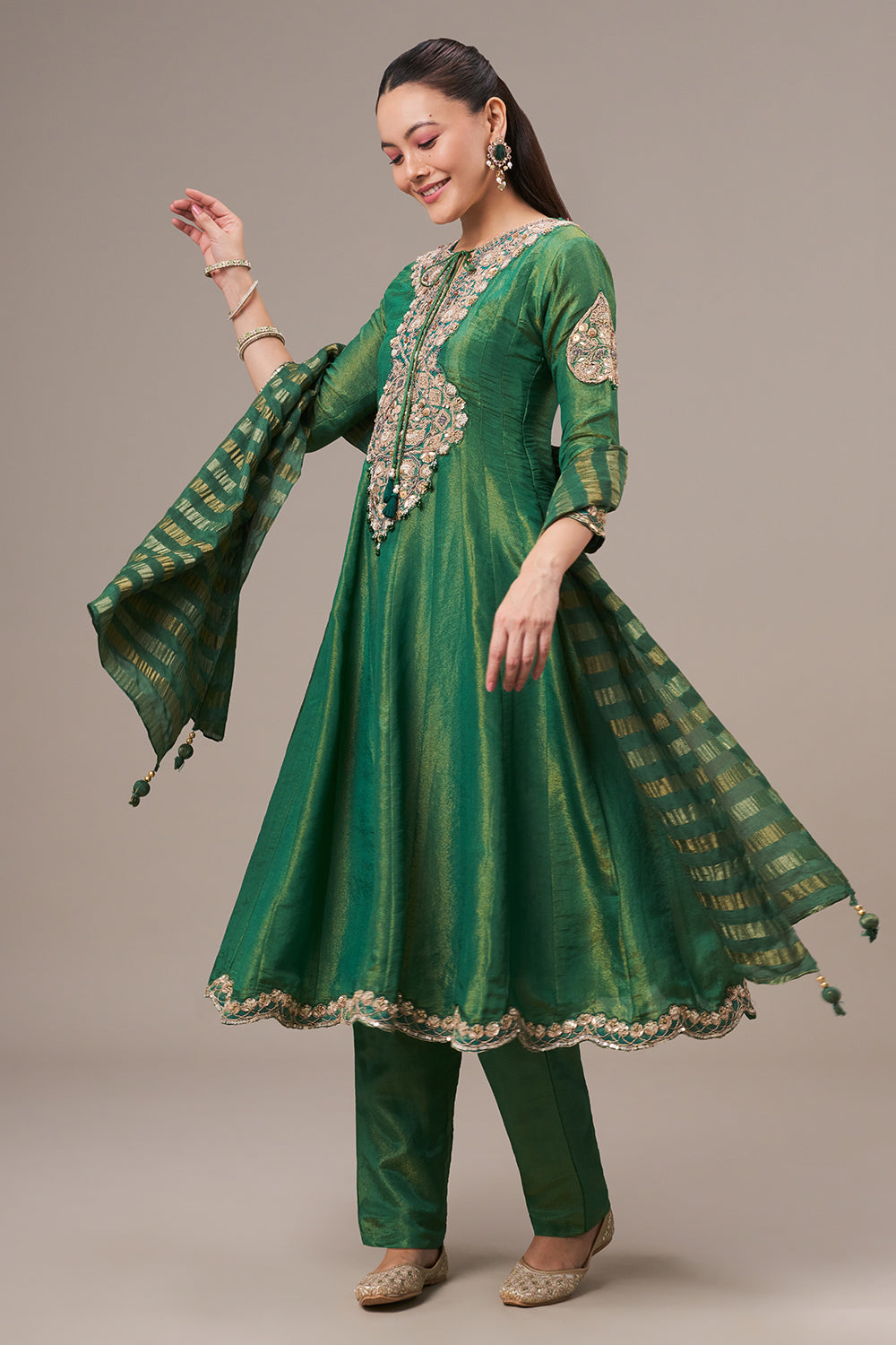 Forest Green Tissue Silk Anarkali Suit with Resham and Zardosi Work