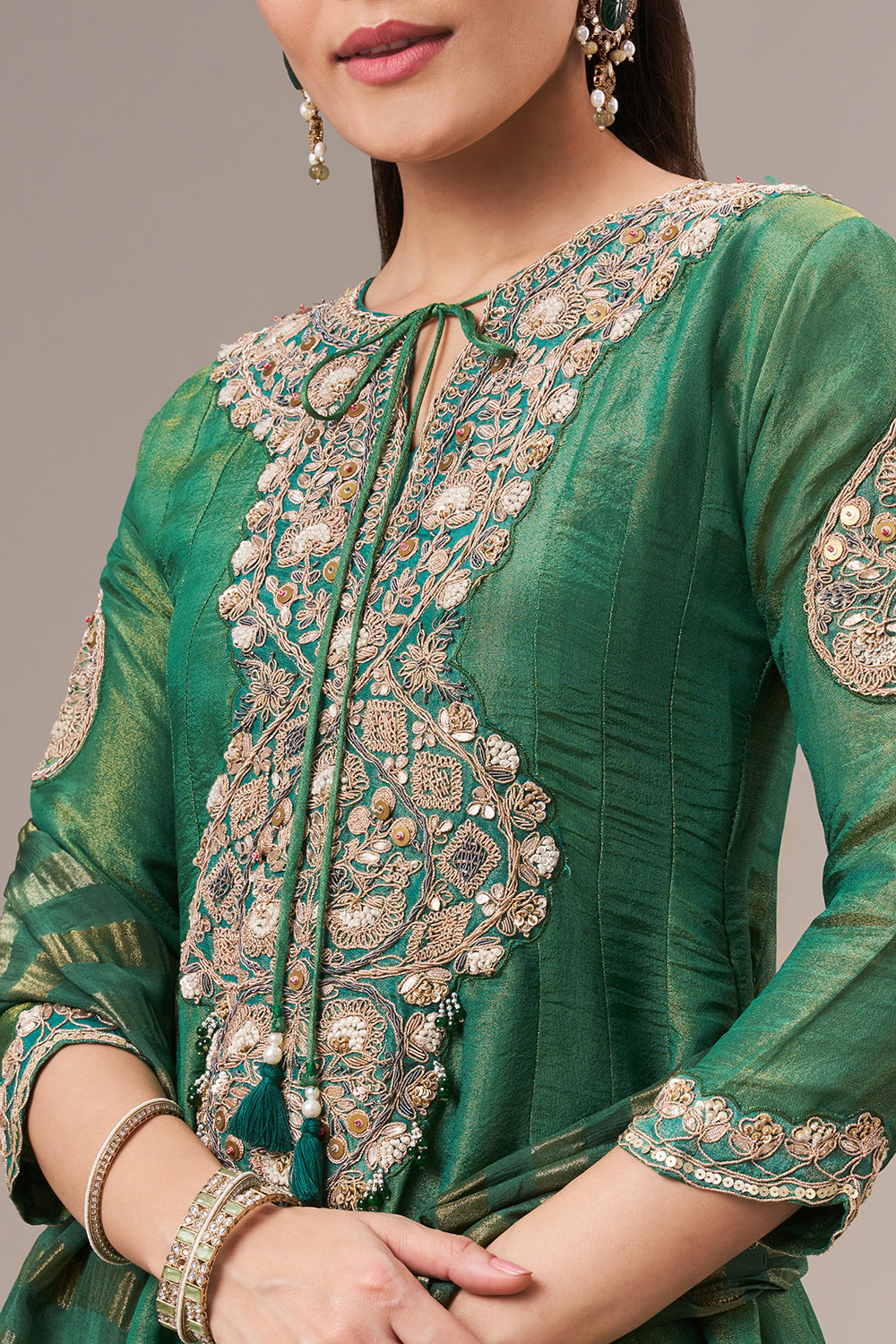 Forest Green Tissue Silk Anarkali Suit with Resham and Zardosi Work