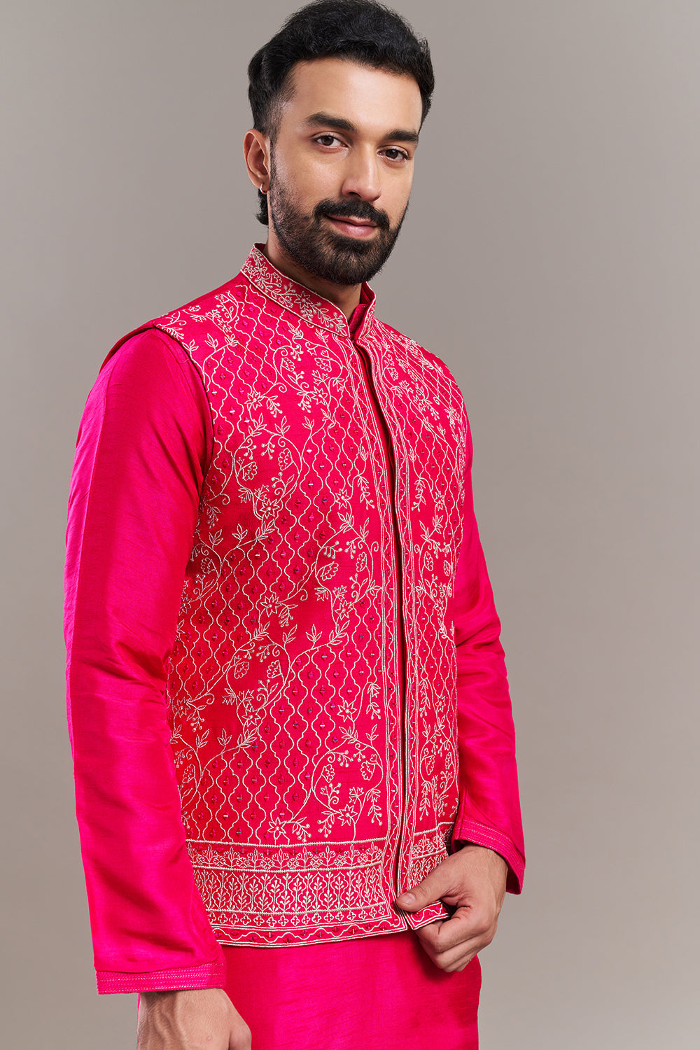 Fuchsia Art Silk Floral Motifs Men's Kurta with Jacket