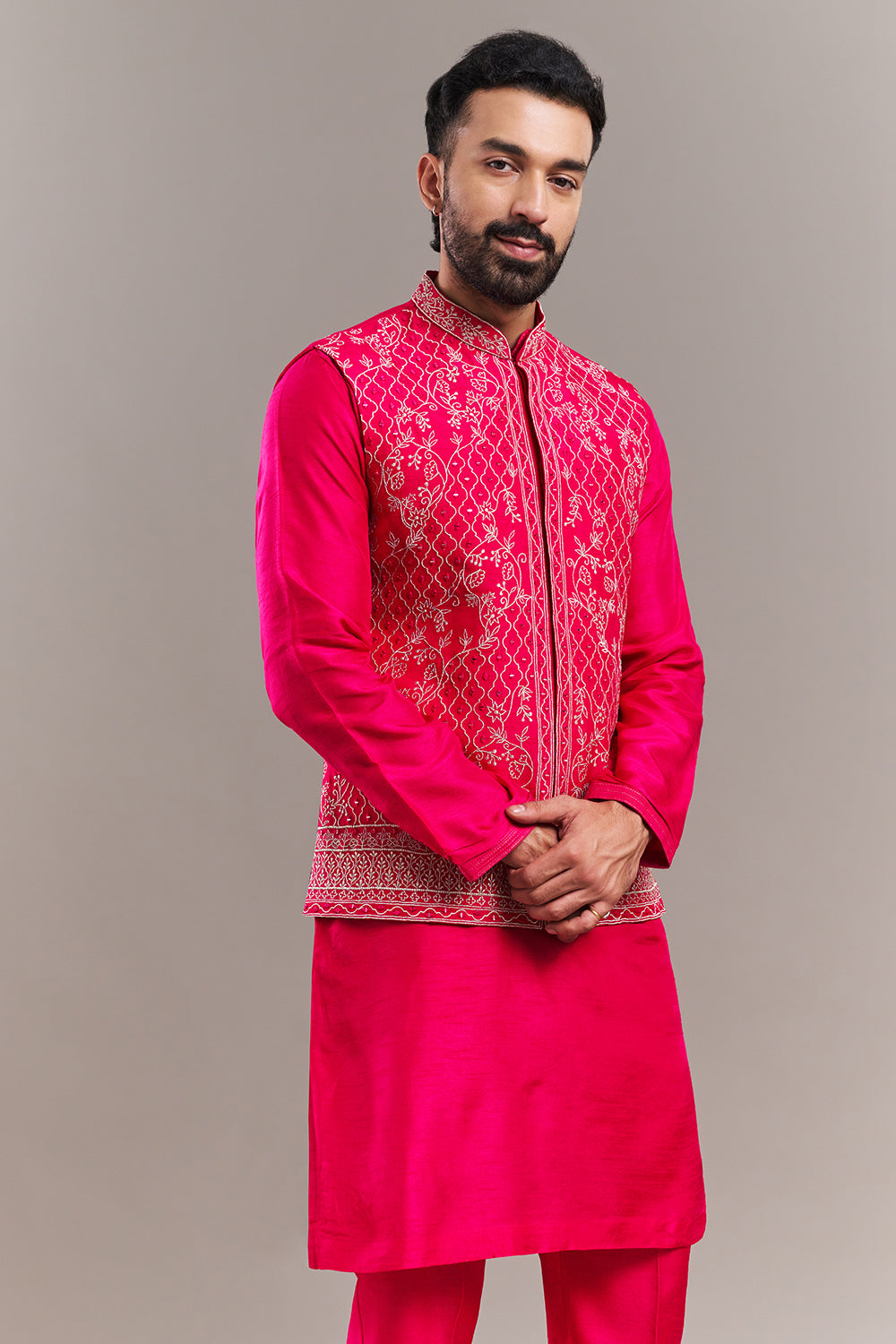 Fuchsia Art Silk Floral Motifs Men's Kurta with Jacket