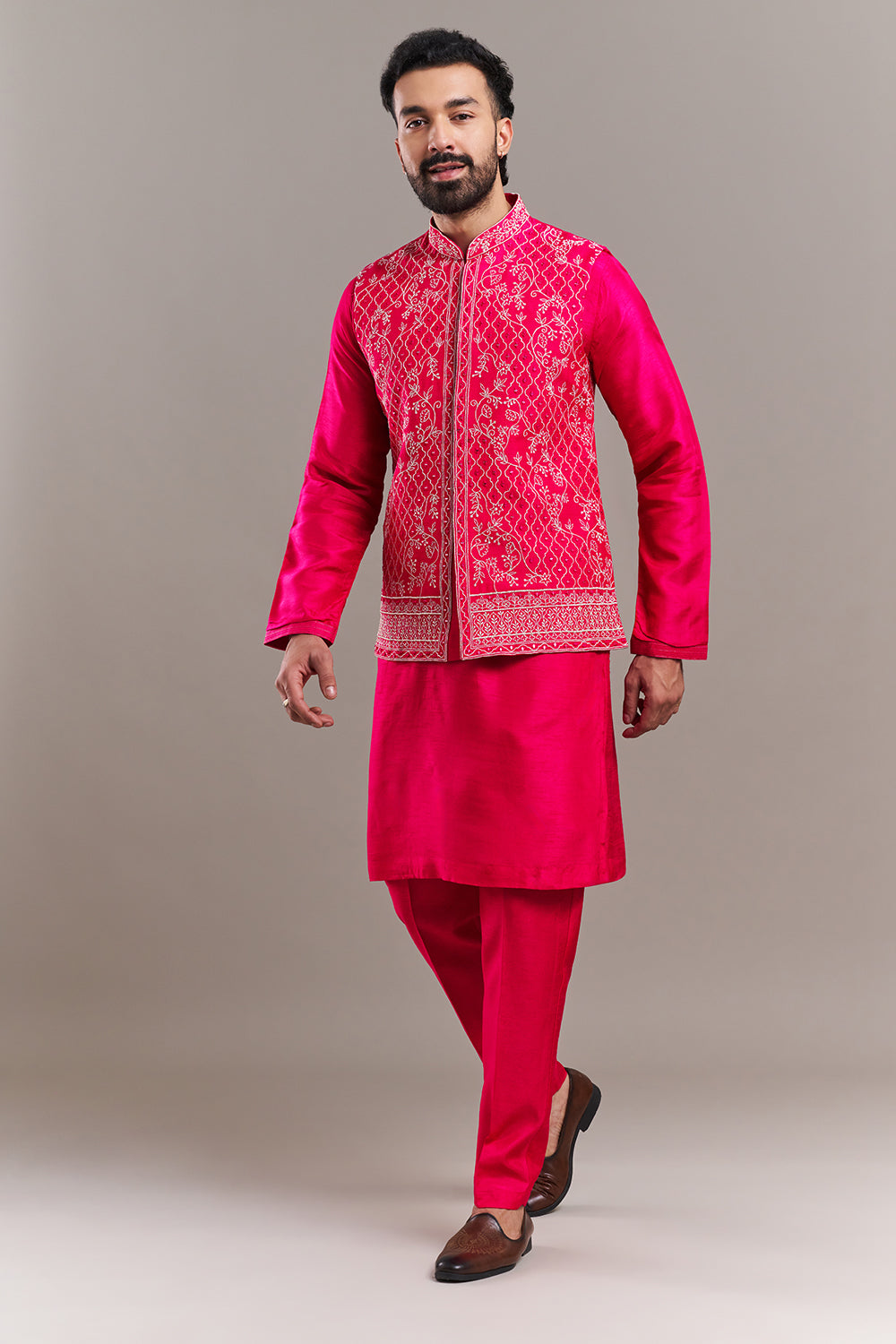 Fuchsia Art Silk Floral Motifs Men's Kurta with Jacket