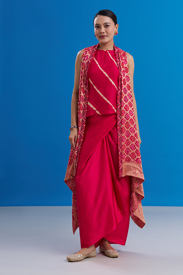 Fuchsia Pink Banarasi Co-ord Set with Tie-Dye Work