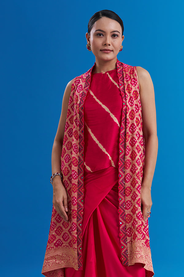 Fuchsia Pink Banarasi Co-ord Set with Tie-Dye Work