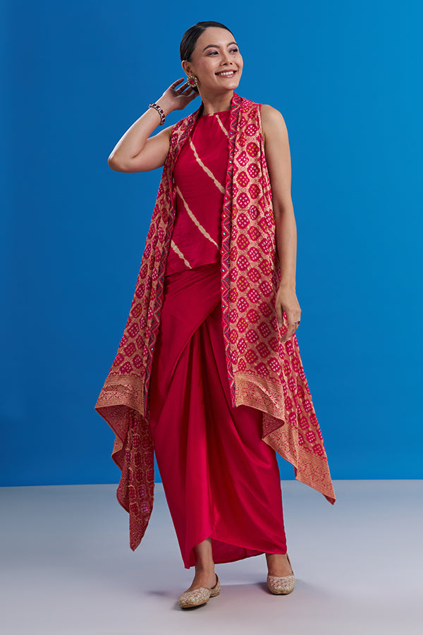 Fuchsia Pink Banarasi Co-ord Set with Tie-Dye Work
