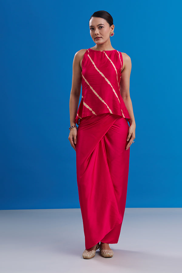 Fuchsia Pink Banarasi Co-ord Set with Tie-Dye Work