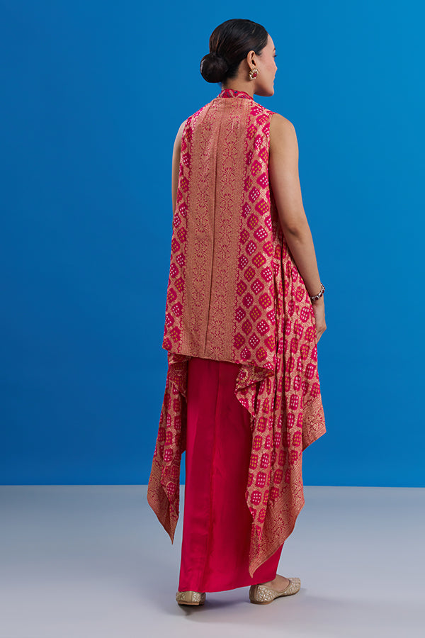 Fuchsia Pink Banarasi Co-ord Set with Tie-Dye Work