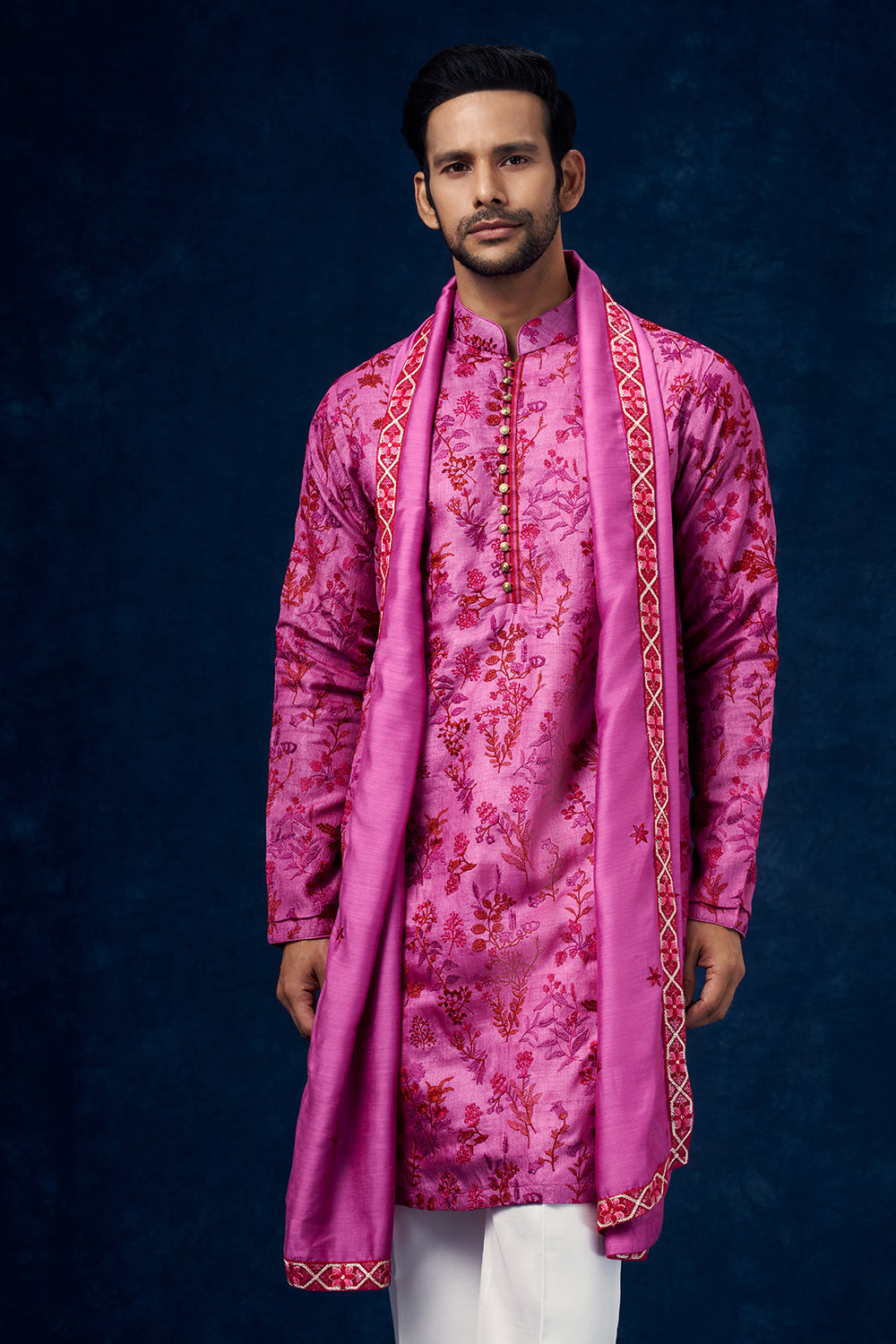 Fuchsia Pink Cotton Linen Mens Kurta Set with Resham Work and Dupatta