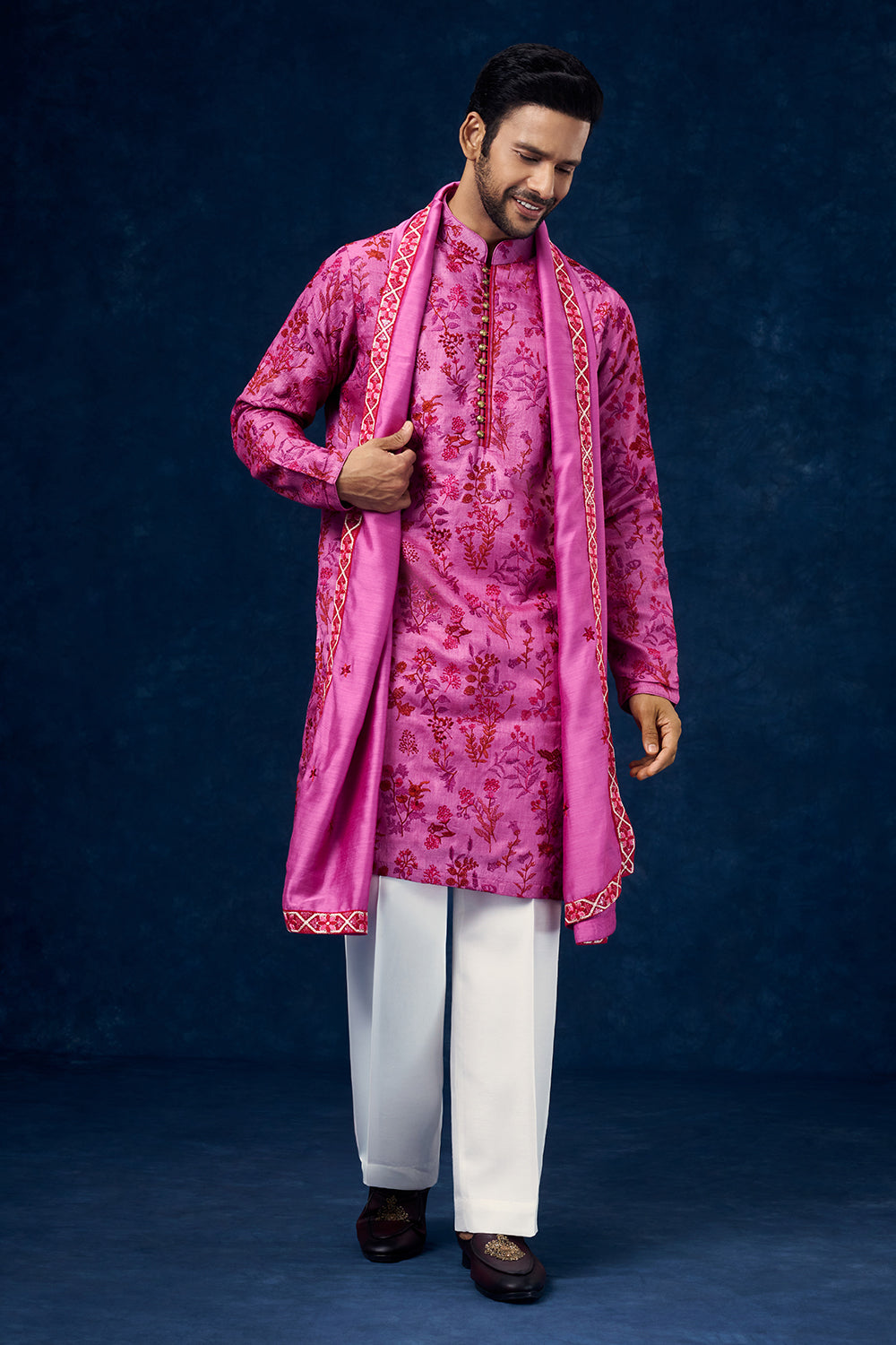 Fuchsia Pink Cotton Linen Mens Kurta Set with Resham Work and Dupatta