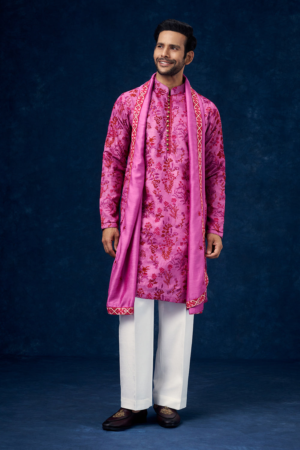 Fuchsia Pink Cotton Linen Mens Kurta Set with Resham Work and Dupatta