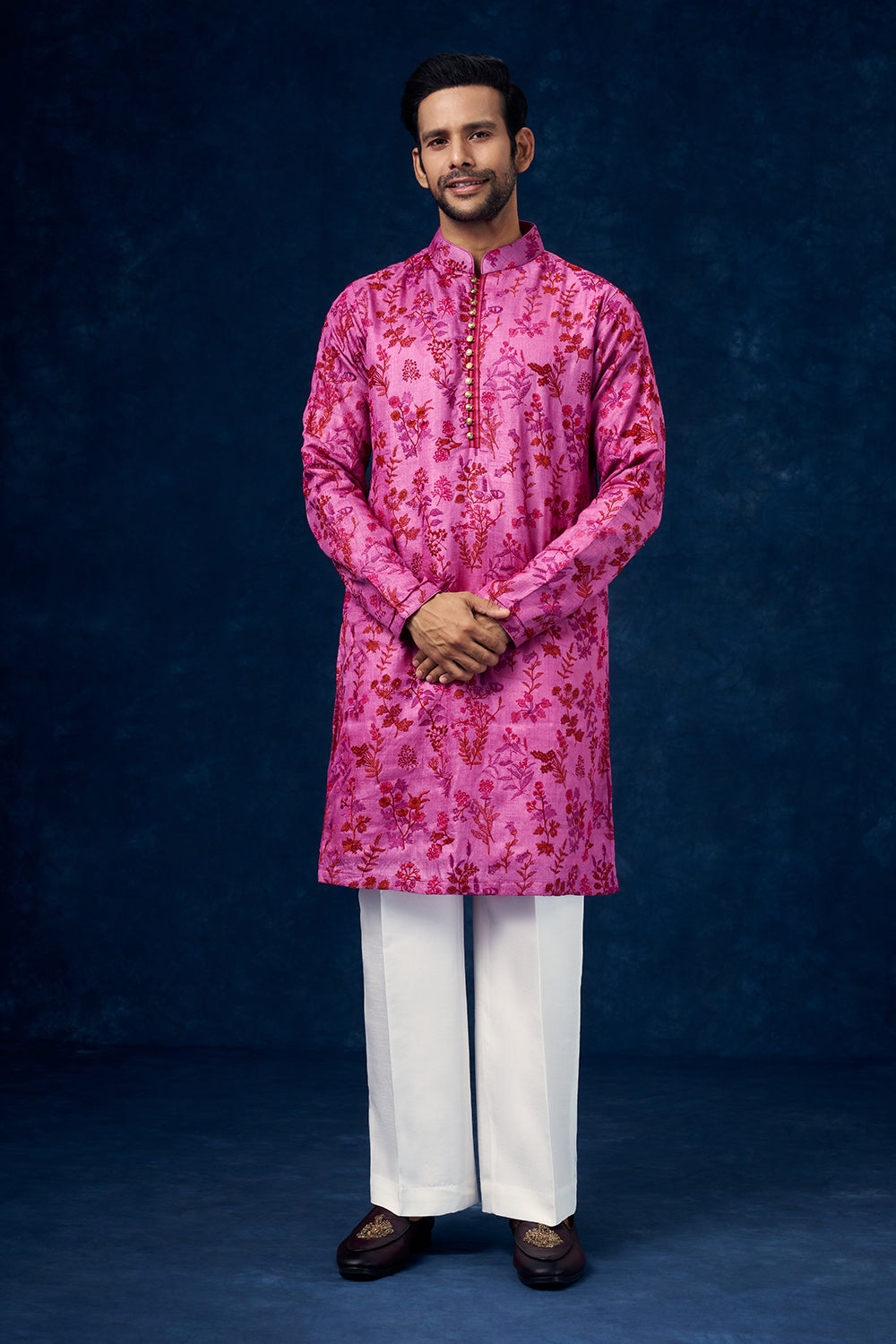 Fuchsia Pink Cotton Linen Mens Kurta Set with Resham Work and Dupatta