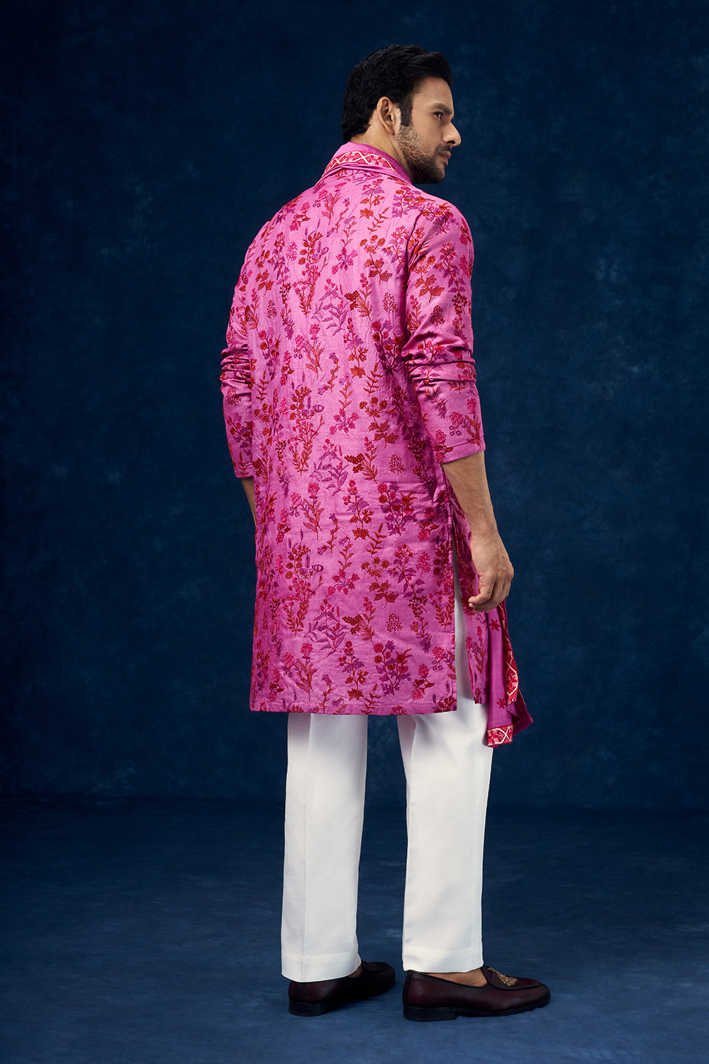 Fuchsia Pink Cotton Linen Mens Kurta Set with Resham Work and Dupatta