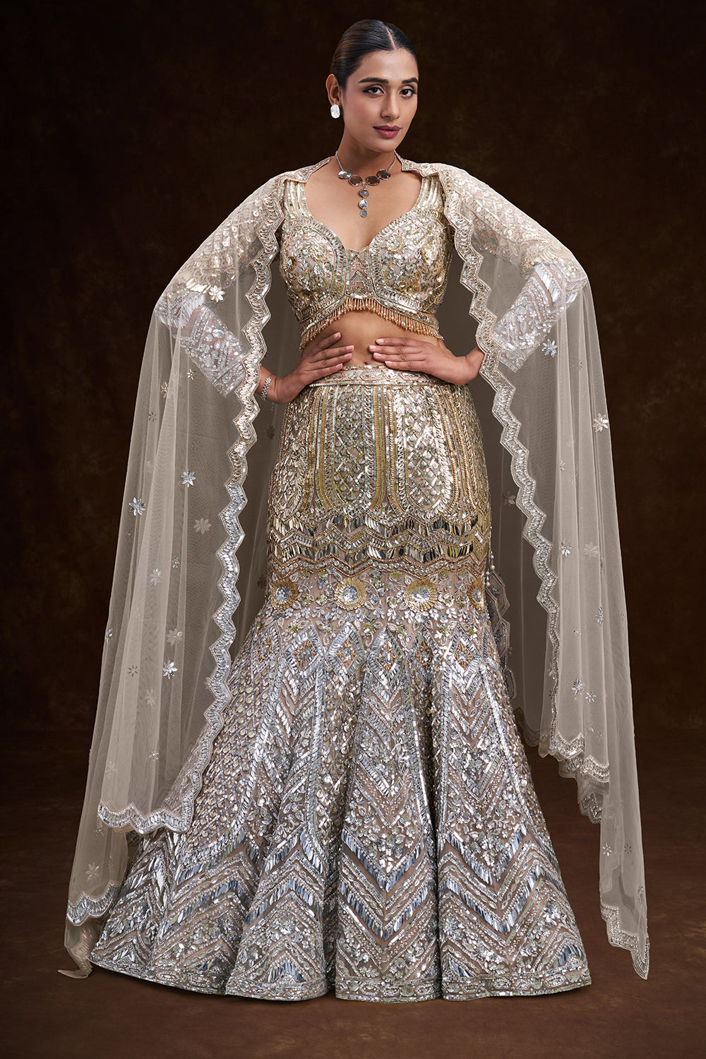 Gold and Silver Ombré Net Bridal Lehenga with 3D Floral Embellishments