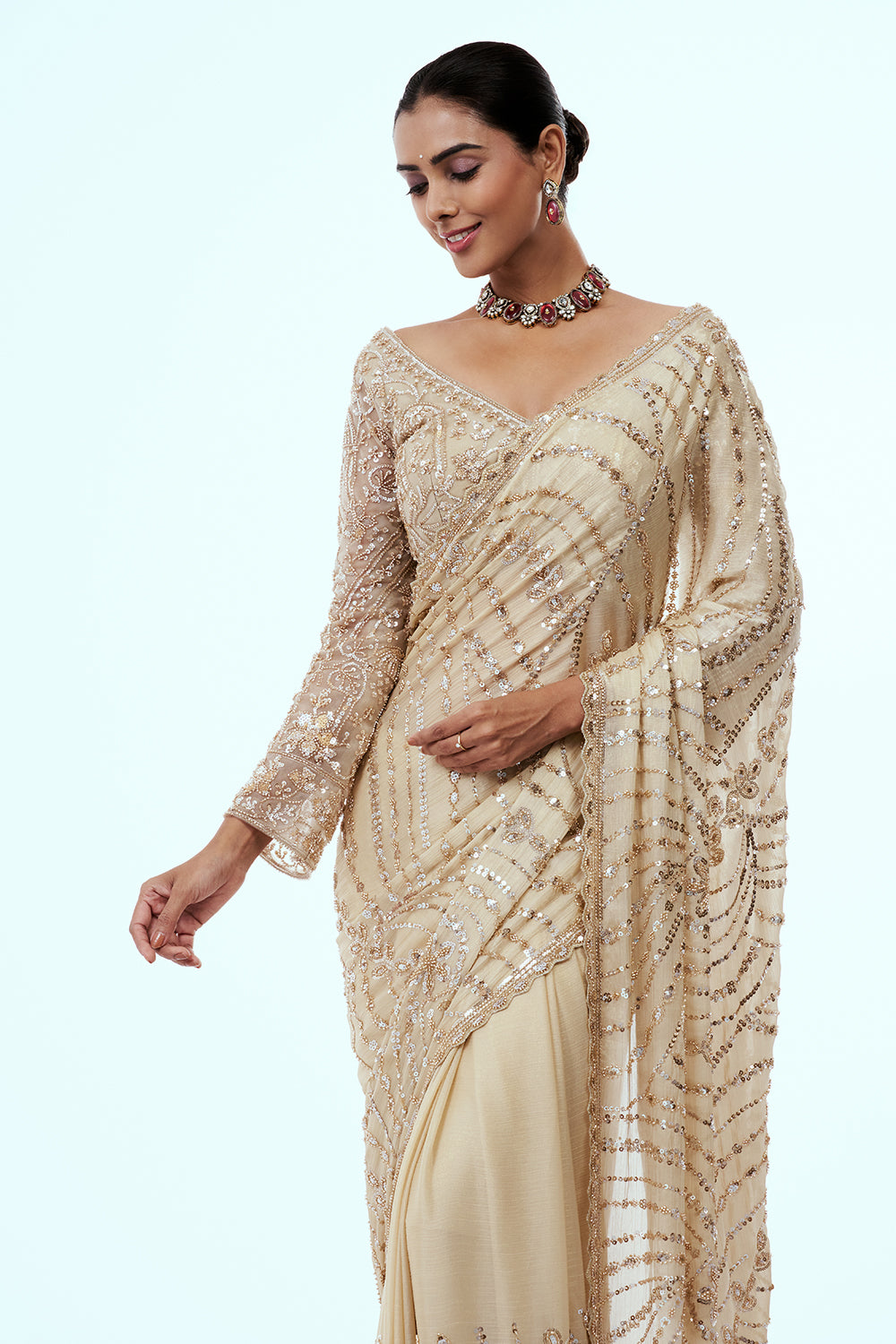 Gold Beige Cotton Silk Embellished Saree with Zari Work