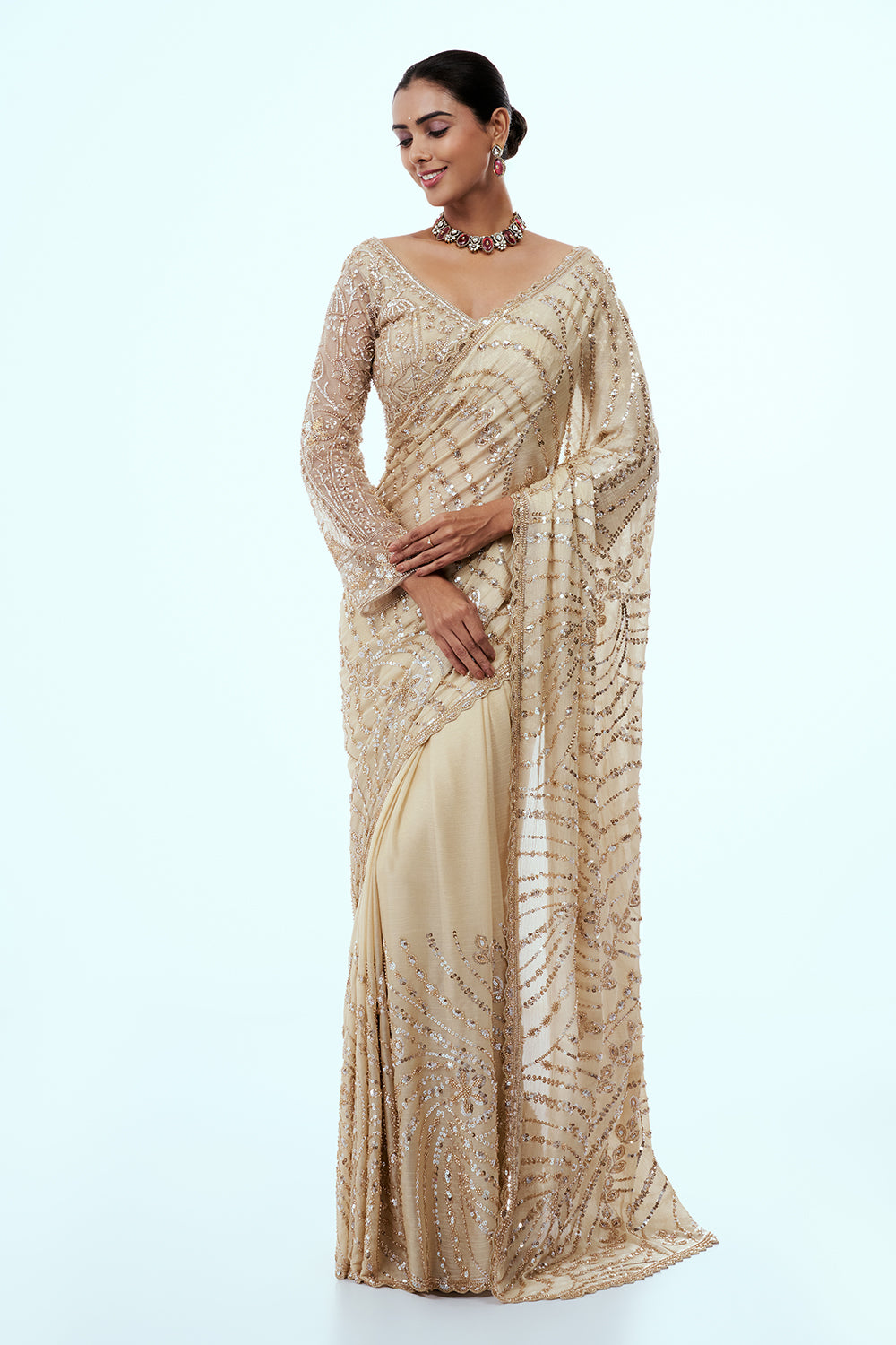Gold Beige Cotton Silk Embellished Saree with Zari Work