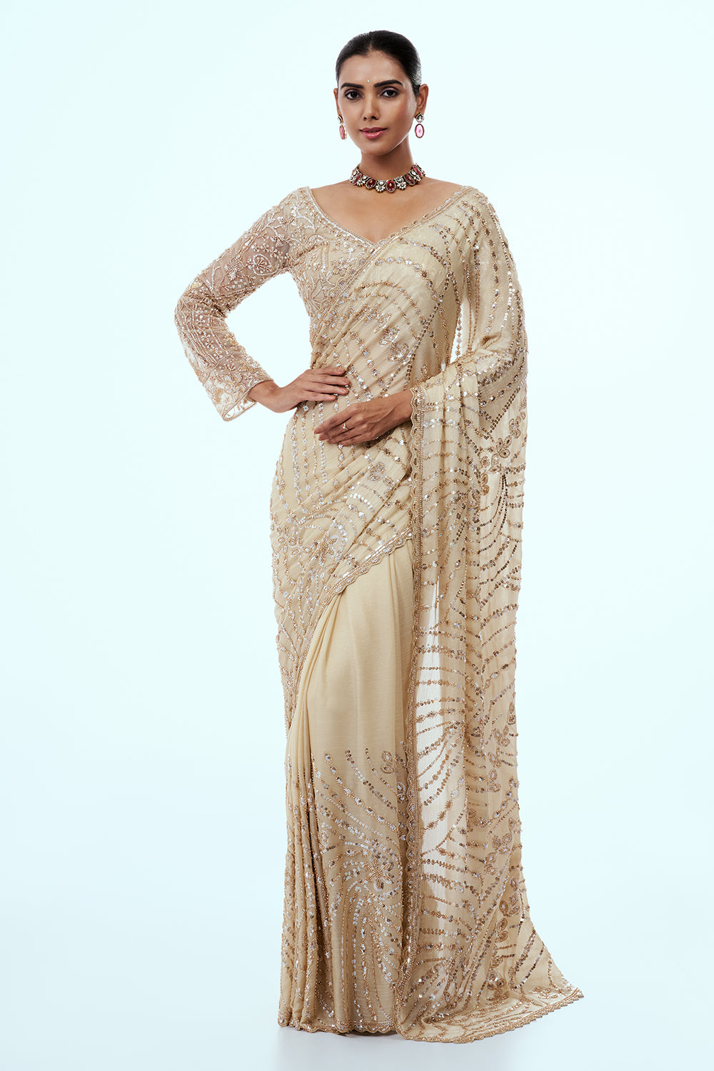 Gold Beige Cotton Silk Embellished Saree with Zari Work
