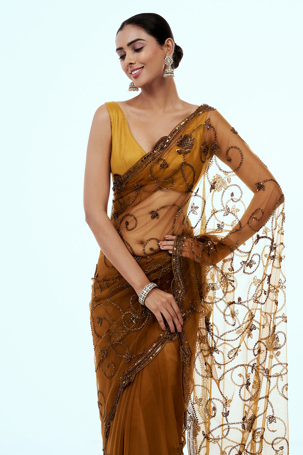 Gold Bronze Shimmer Zari Tissue Embellished Saree