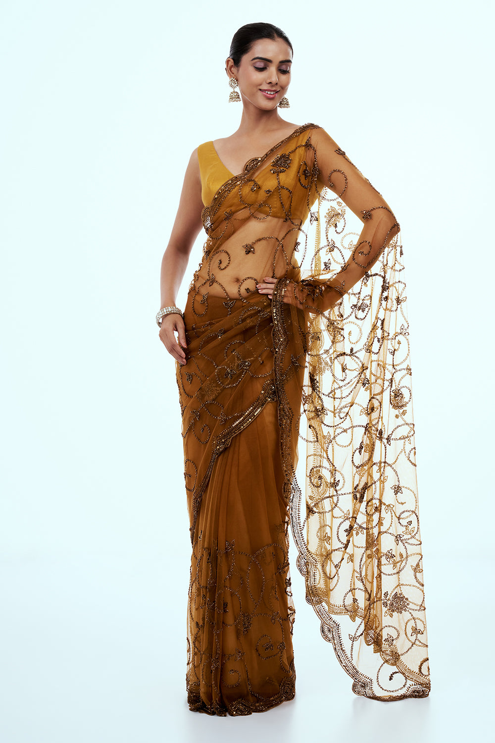 Gold Bronze Shimmer Zari Tissue Embellished Saree