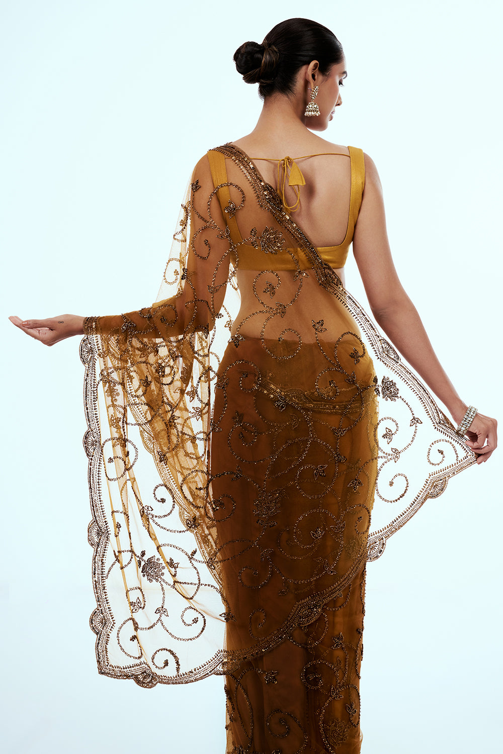 Gold Bronze Shimmer Zari Tissue Embellished Saree