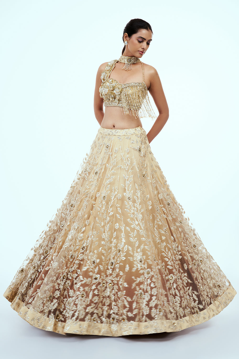 Gold Net Lehenga with 3D Flower Work