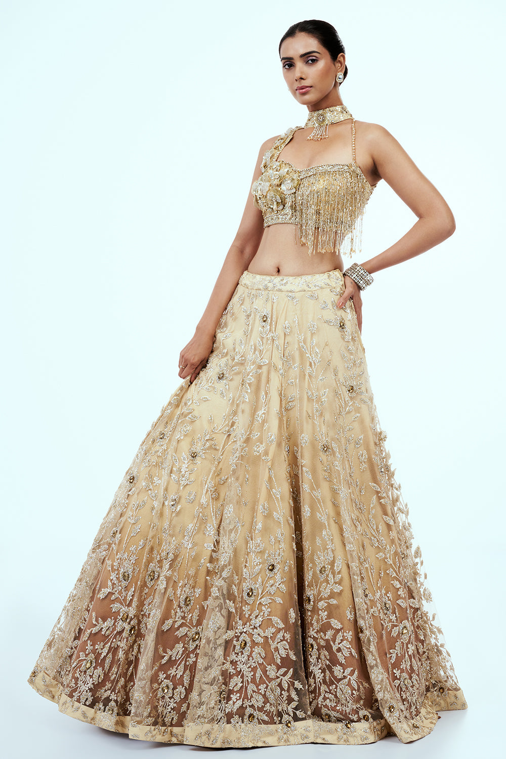 Gold Net Lehenga with 3D Flower Work