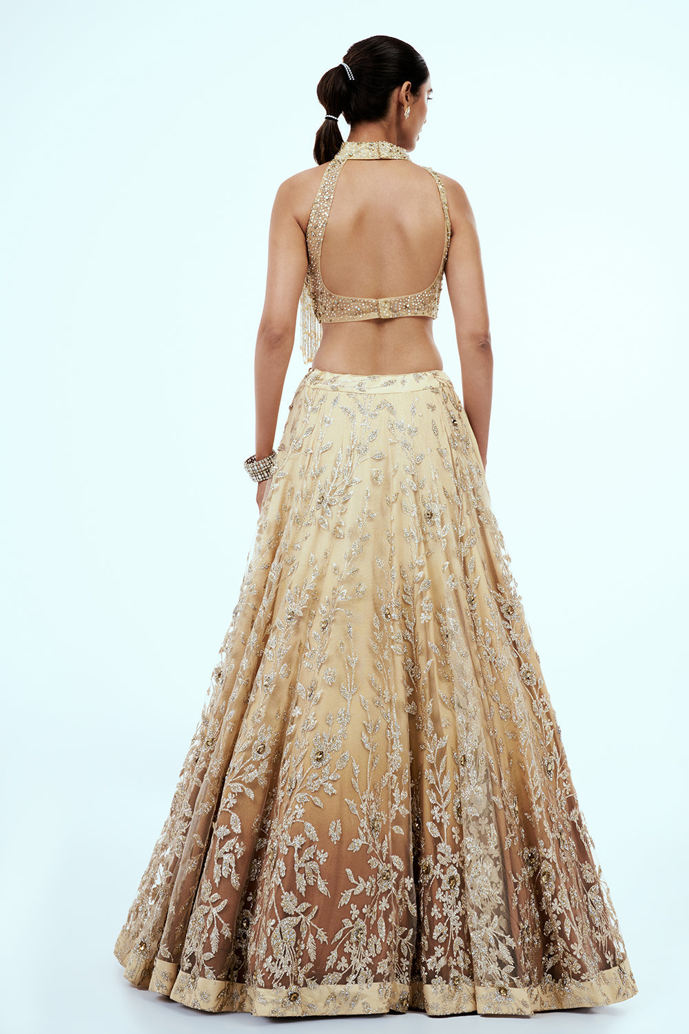 Gold Net Lehenga with 3D Flower Work