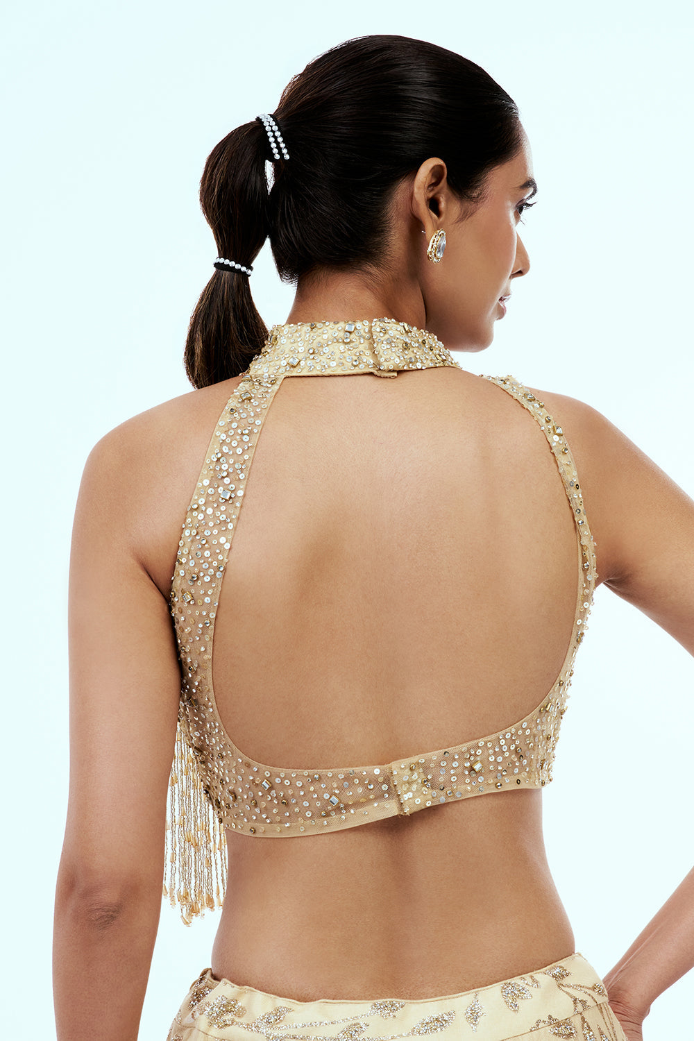 Gold Net Lehenga with 3D Flower Work