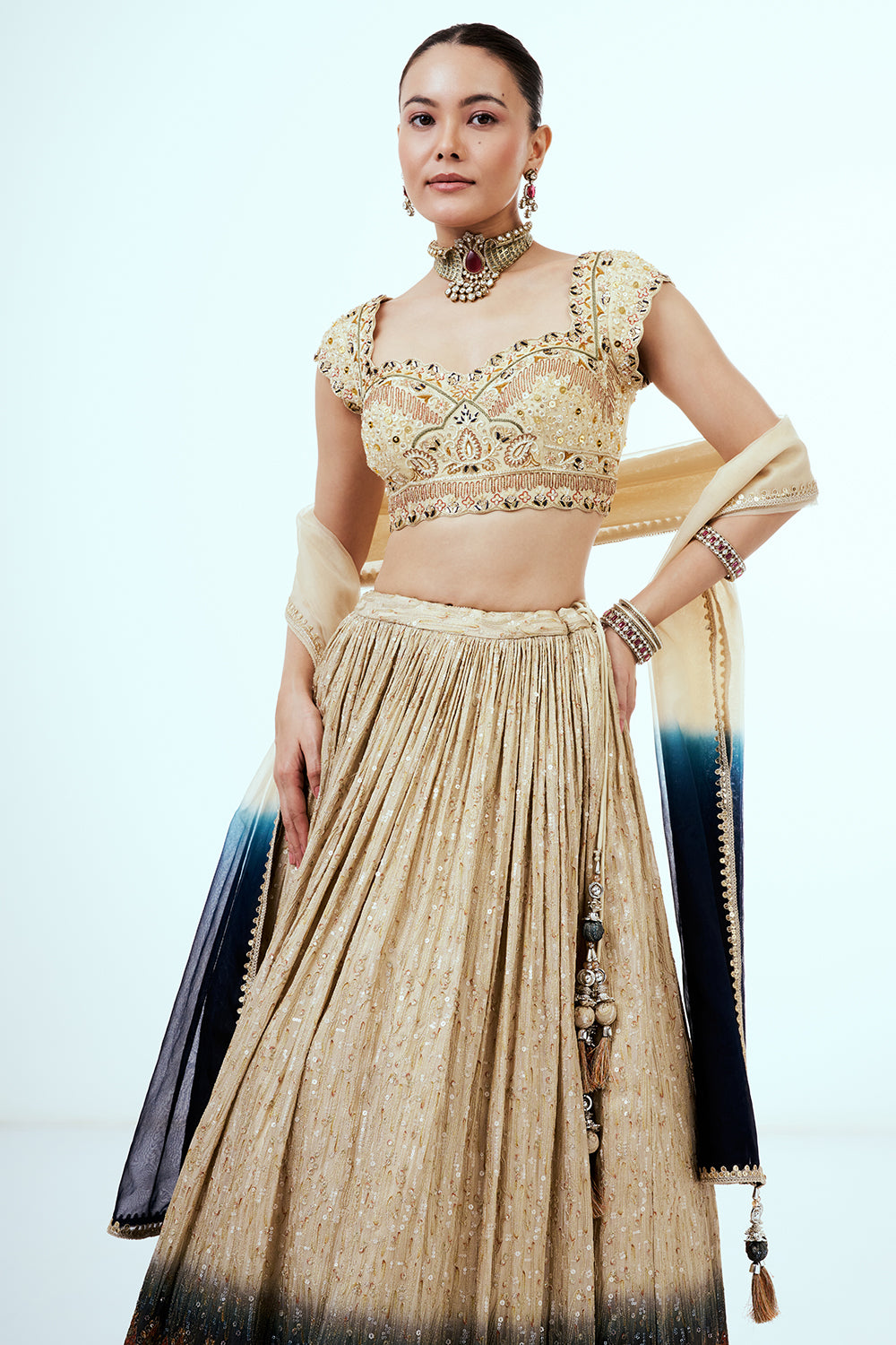 Gold Ombre Tissue Lehenga with Resham and Sequins Embroidery